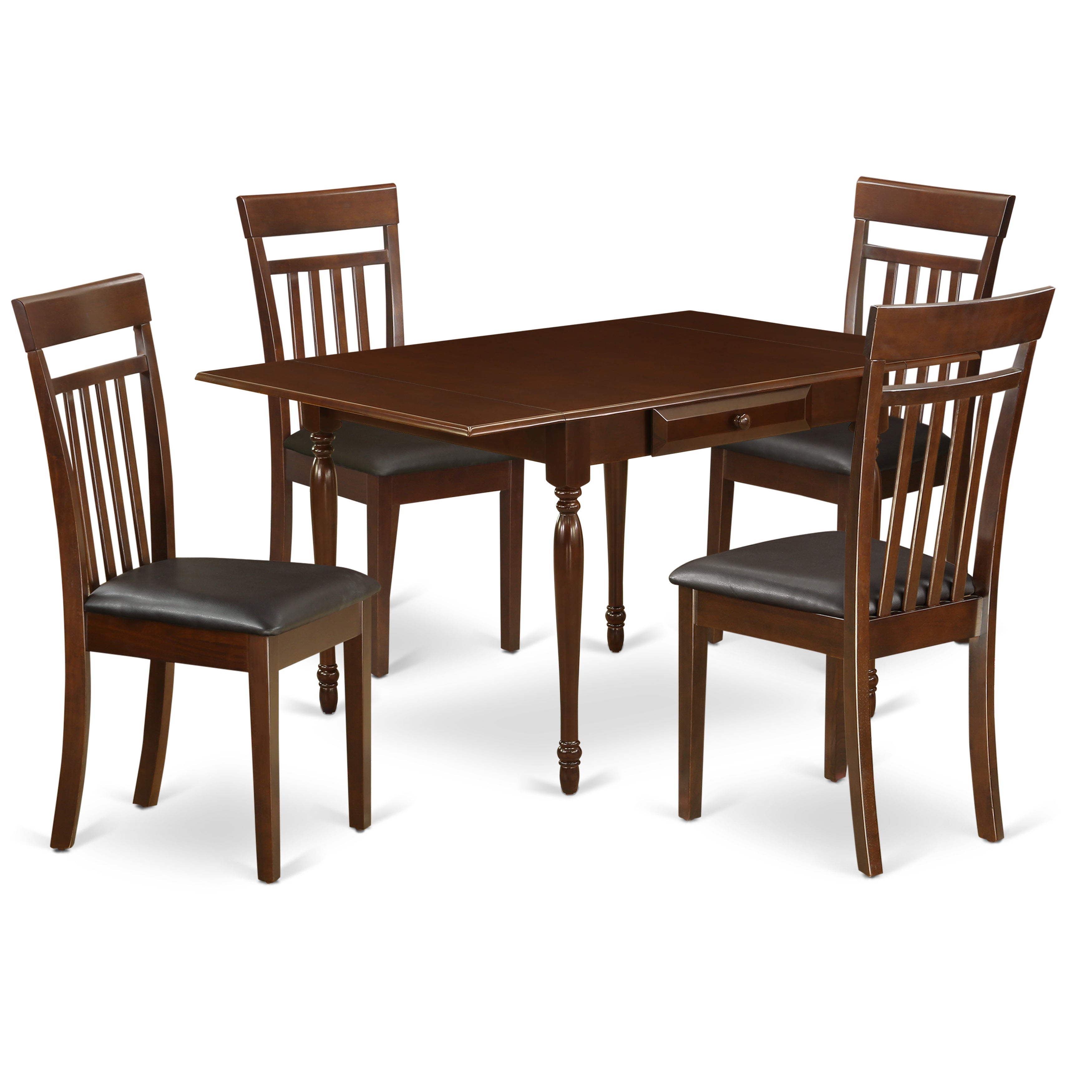 East West Furniture MZCA5-MAH-LC 5Pc Dining Table Set for 4 Offers a Rectangular Table and 4 Wooden Dining Chairs with Faux Leather Seat, Drop Leaf Table with Slat Back Chairs, Mahogany Finish