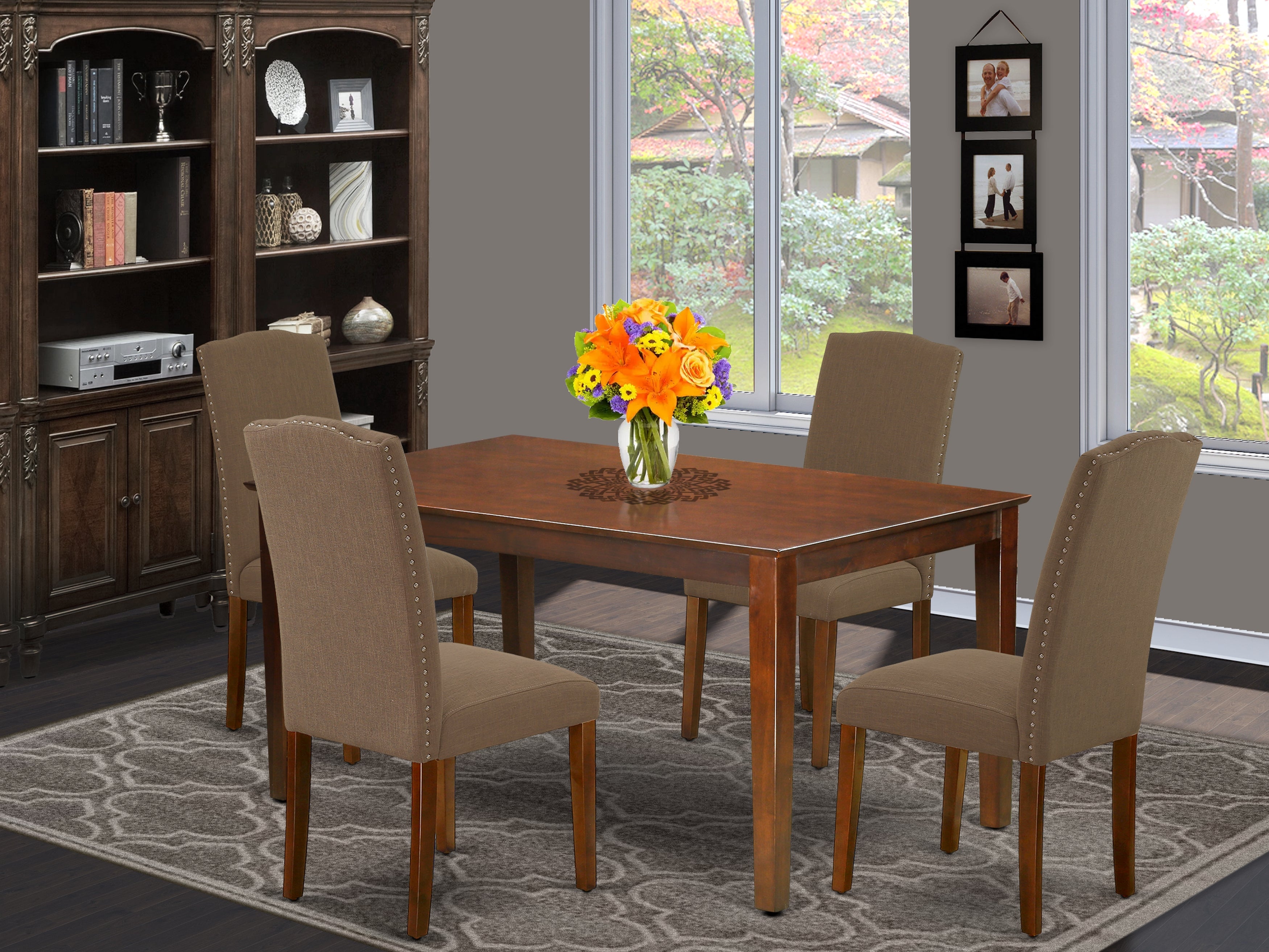 CAEN5-MAH-18 5Pc Rectangle 60" Dining Room Table And 4 Parson Chair With Mahogany Leg And Linen Fabric Dark Coffee