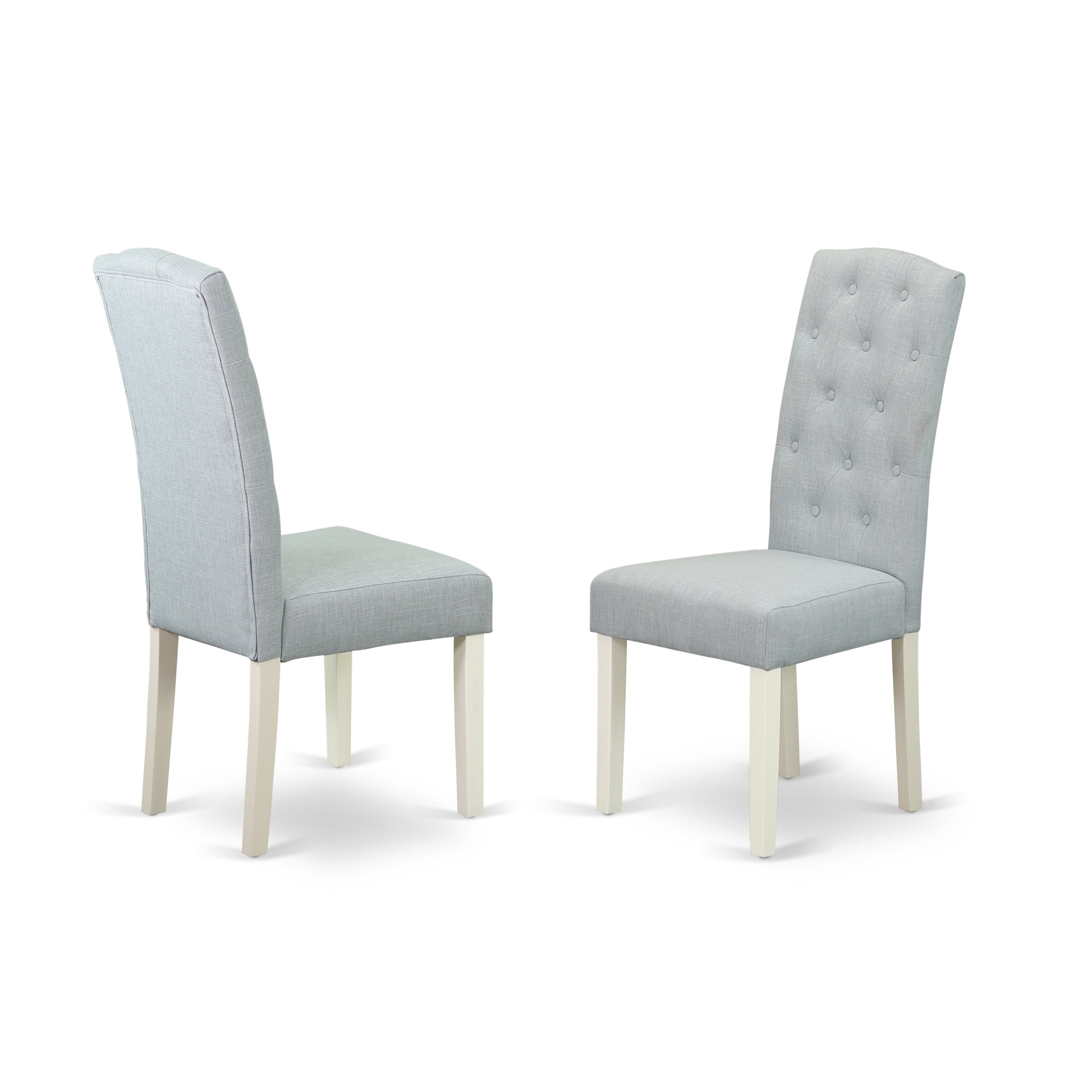 East West Furniture MZCE3-LWH-15 3Pc Dining Table Set Contains a Wood Dining Table and 2 Upholstered Dining Chairs with Baby Blue Color Linen Fabric, Drop Leaf Table with Full Back Chairs, Linen White Finish