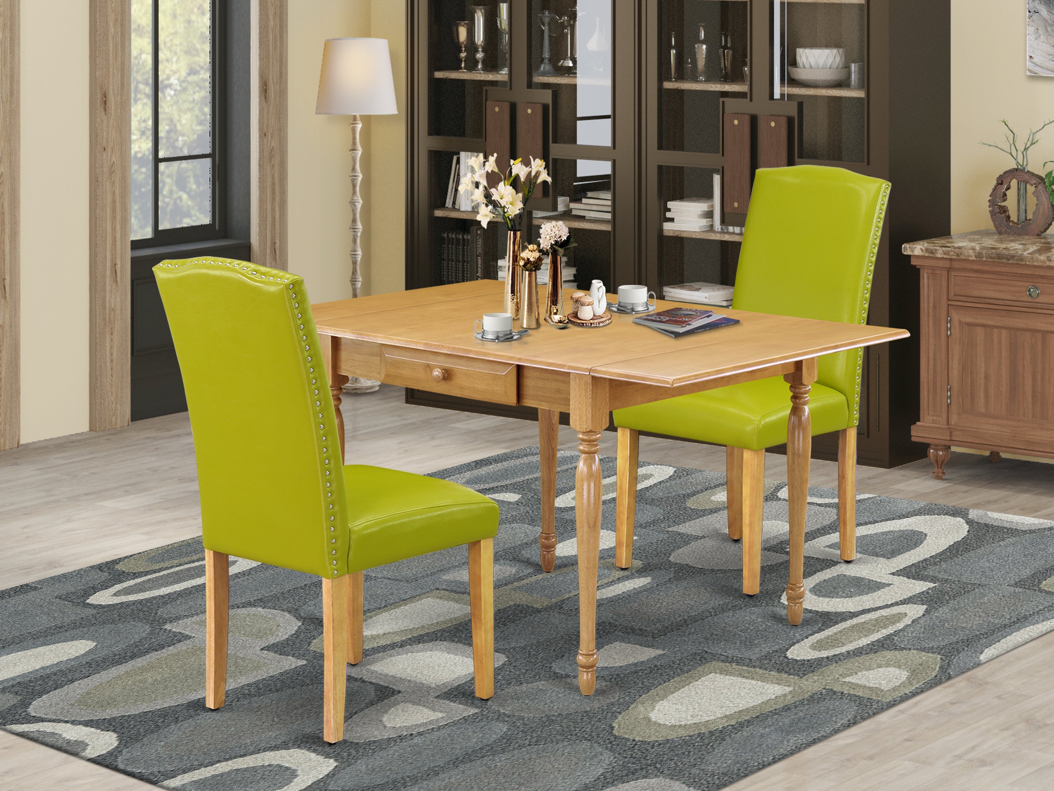 East West Furniture MZEN3-OAK-51 3Pc Wood Dining Table Set Includes a Rectangular Table and 2 Parsons Dining Chairs with Autumn Green Color PU Leather, Drop Leaf Table with Full Back Chairs, Oak Finish