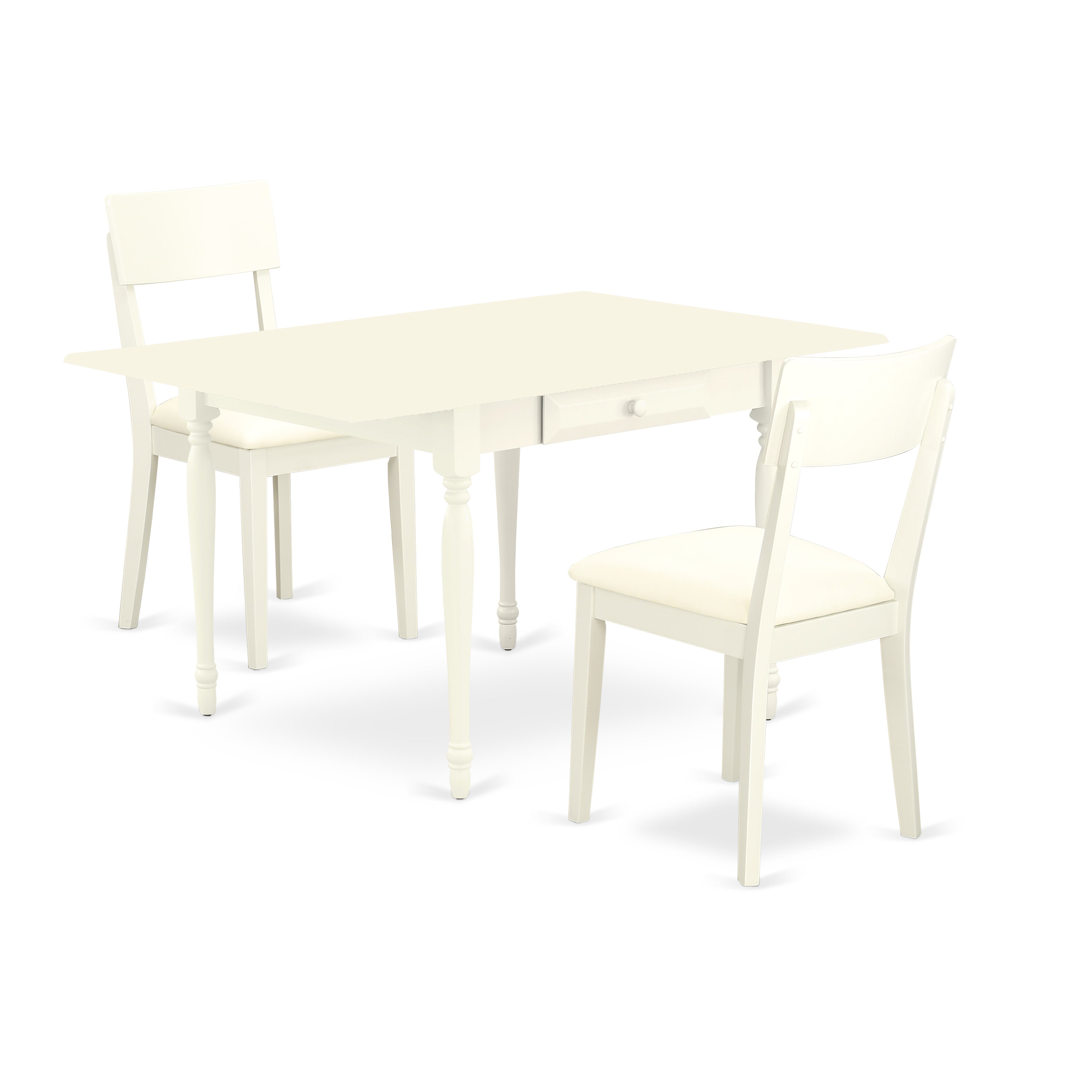 East West Furniture MZAD3-LWH-LC 3Pc Dining Table Set Includes a Dining Room Table and 2 Wooden Dining Chairs with Faux Leather Seat, Drop Leaf Table with Ladder Back Chairs, Linen White Finish