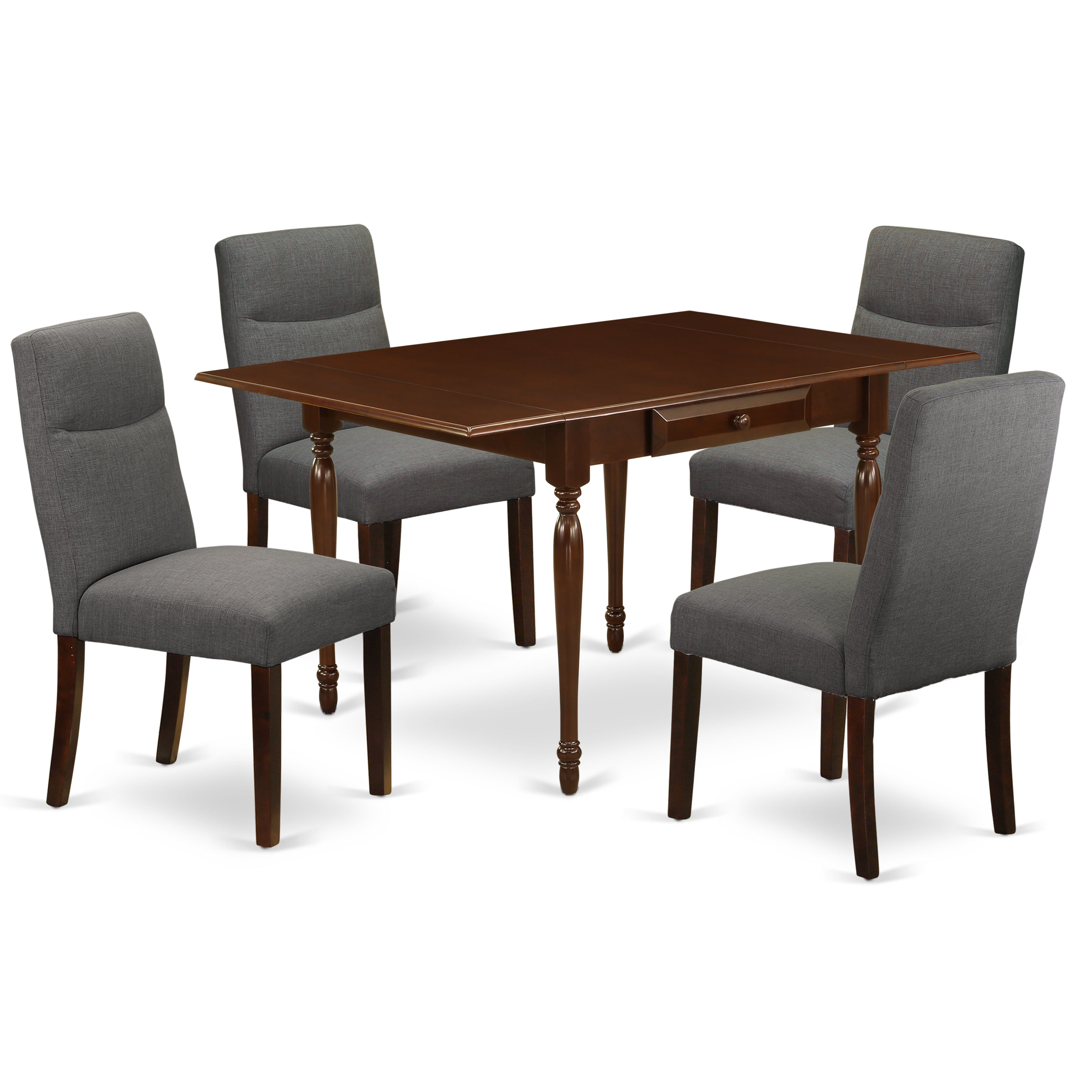East West Furniture MZBE5-MAH-06 5Pc Dinette Set Offers a Small Dining Table and 4 Parson Dining Chairs with Shitake Color Linen Fabric, Drop Leaf Table with Full Back Chairs, Mahogany Finish