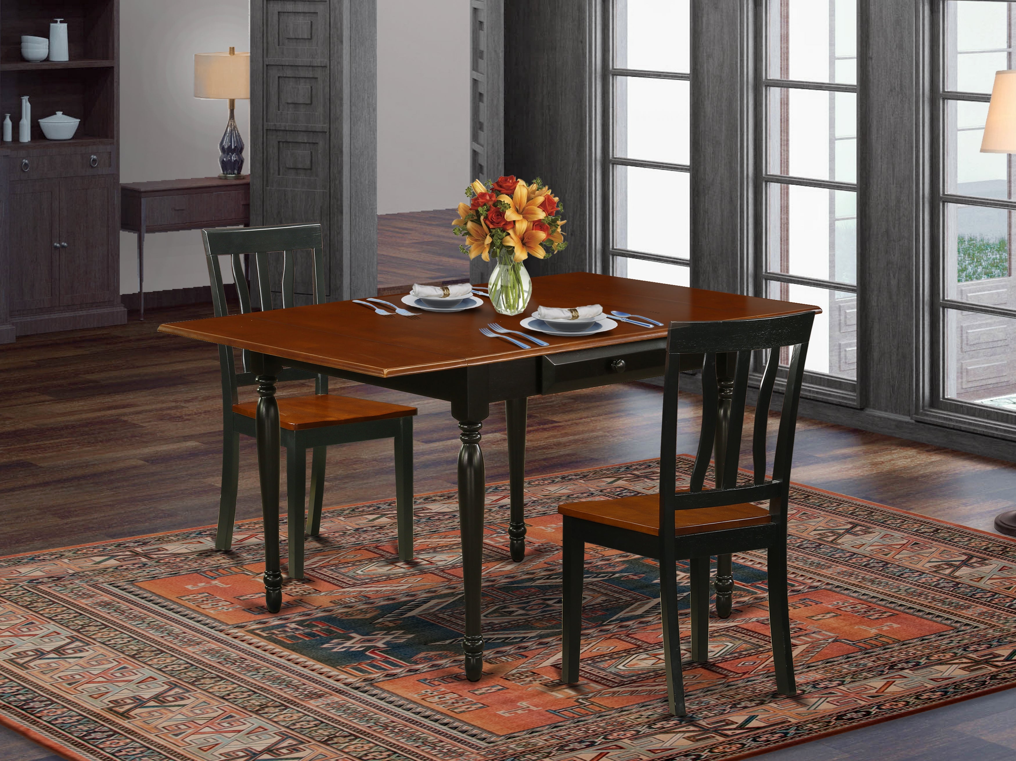 East West Furniture MZAN3-BCH-W 3Pc Dining Table Set Includes a Wood Dining Table and 2 Kitchen Chairs with Solid Wood Seat, Drop Leaf Table with Slat Back Chairs, Black and Cherry Finish