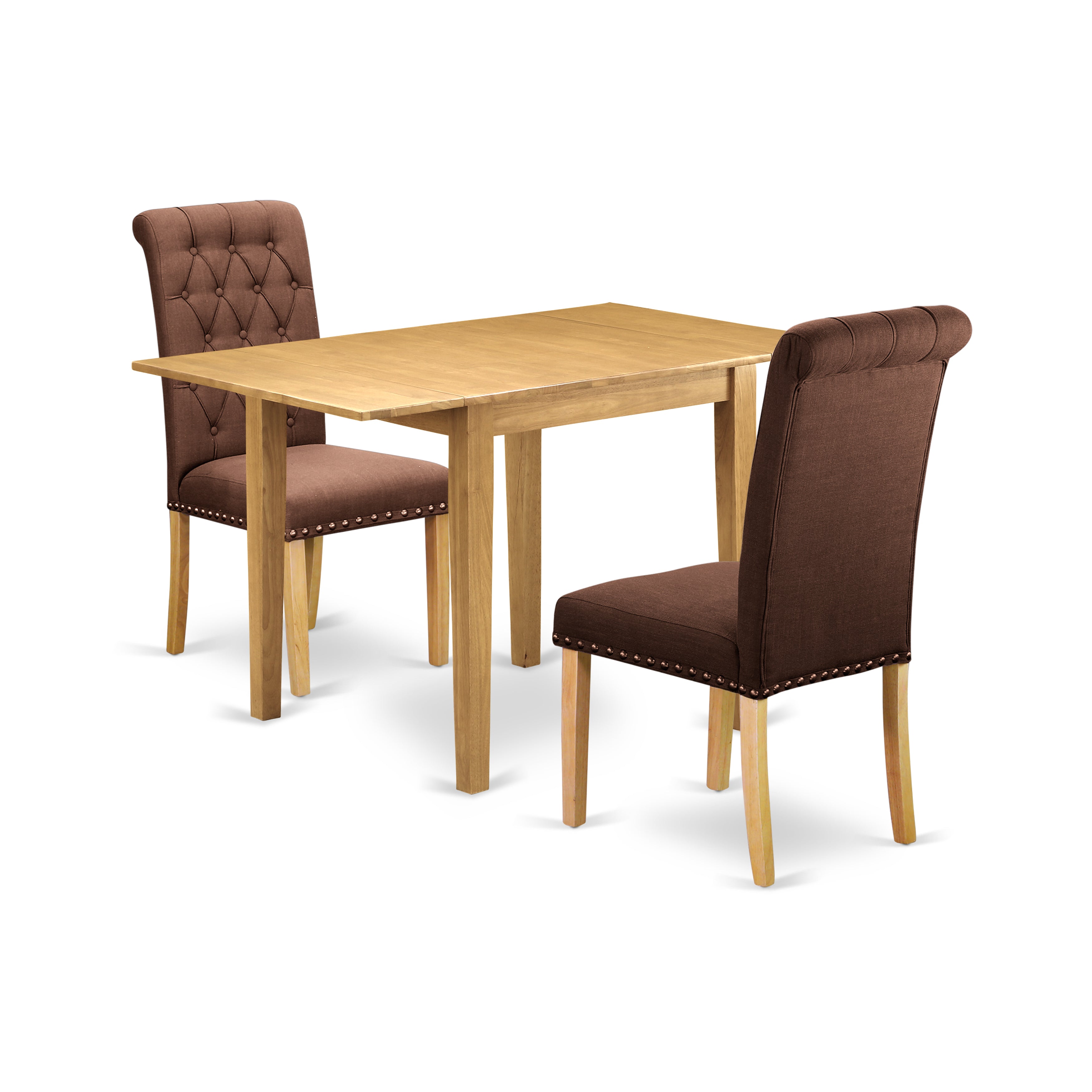 East West Furniture NDBR3-OAK-19 Wooden Dining Table Set 3 Pc - 2 Dining Room Chairs and a Breakfast Table - Oak Finish Wood - Chocolate Color Linen Fabric