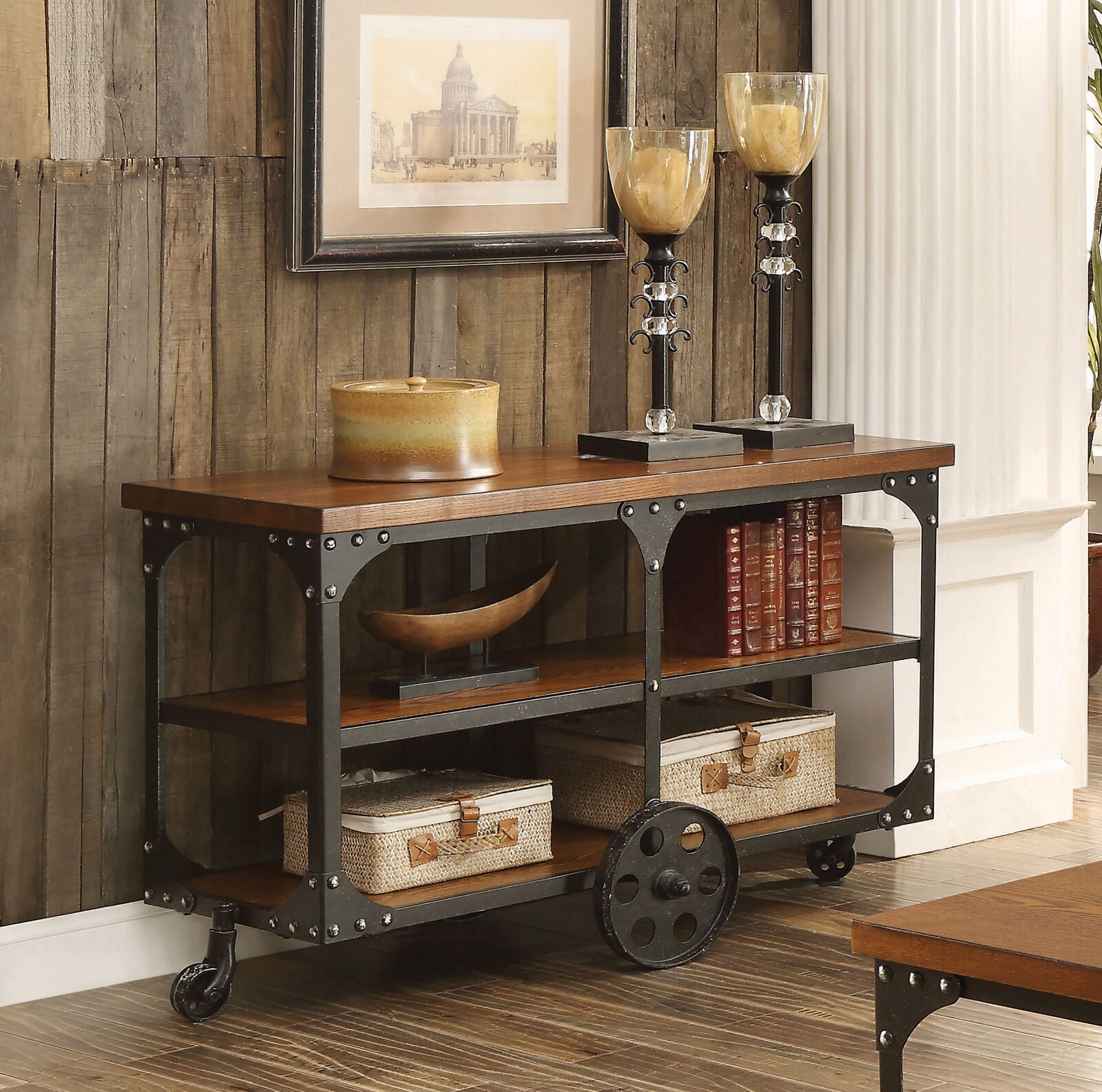 Industrial Style Rustic Solid Wood Sofa Table With Metal Accents & Wheels, Brown