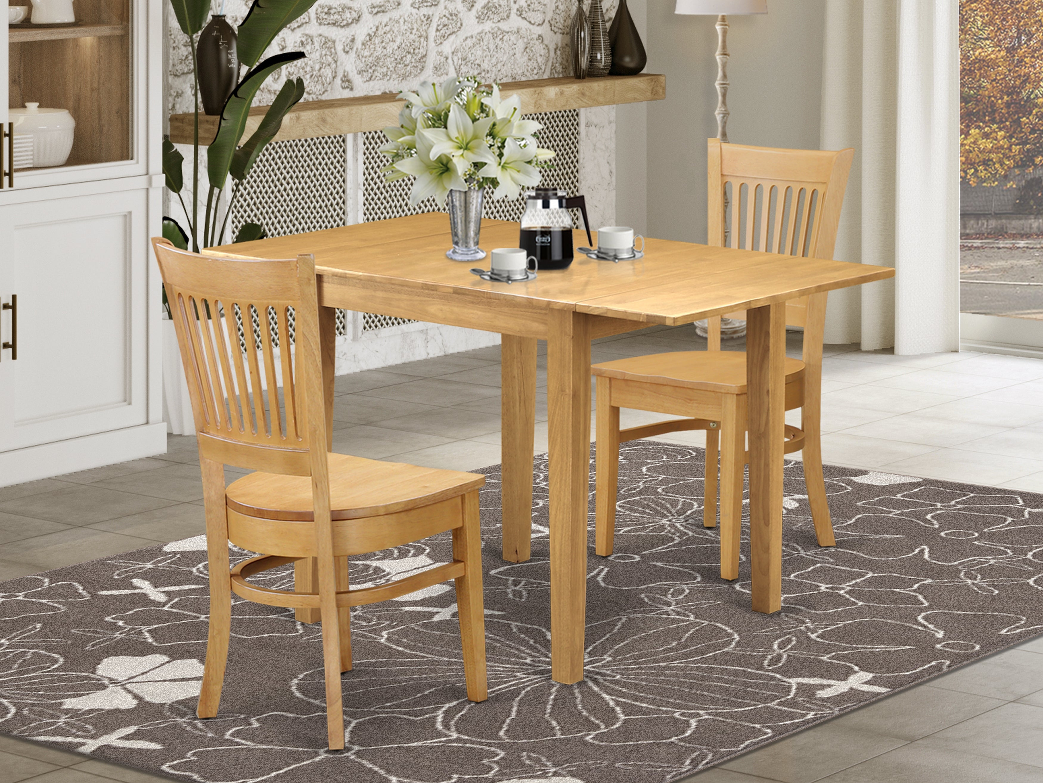 East West Furniture NDVA3-OAK-W, 3Pc Dinette Set Features a Rectangular Table and 2 Dining Room Chair with Solid Wood Seat and Slat Back, Oak Finish