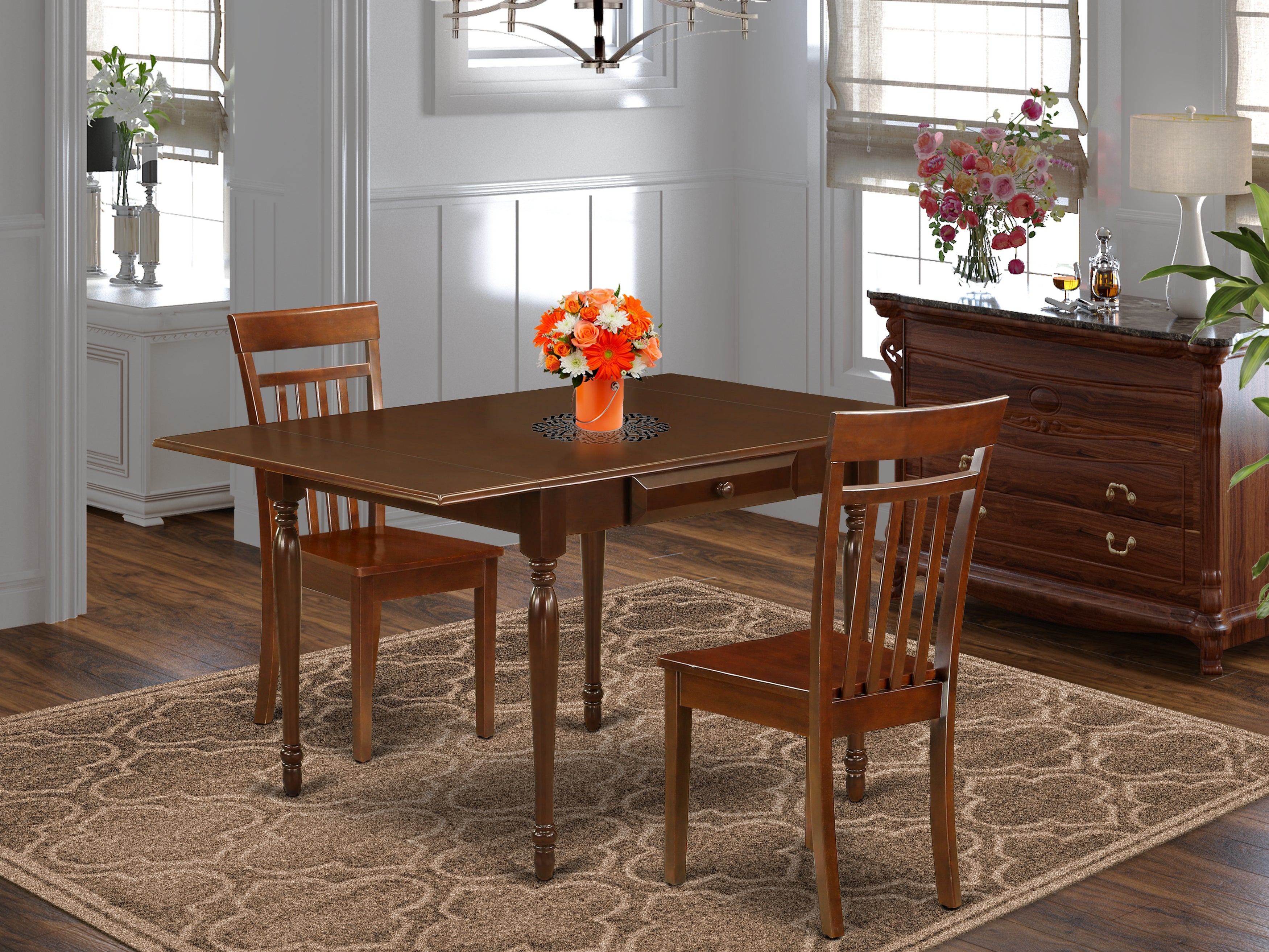 East West Furniture MZCA3-MAH-W 3Pc Dining Room Table Set Consists of a Dinette Table and 2 Dining Room Chairs with Solid Wood Seat, Drop Leaf Table with Slat Back Chairs, Mahogany Finish
