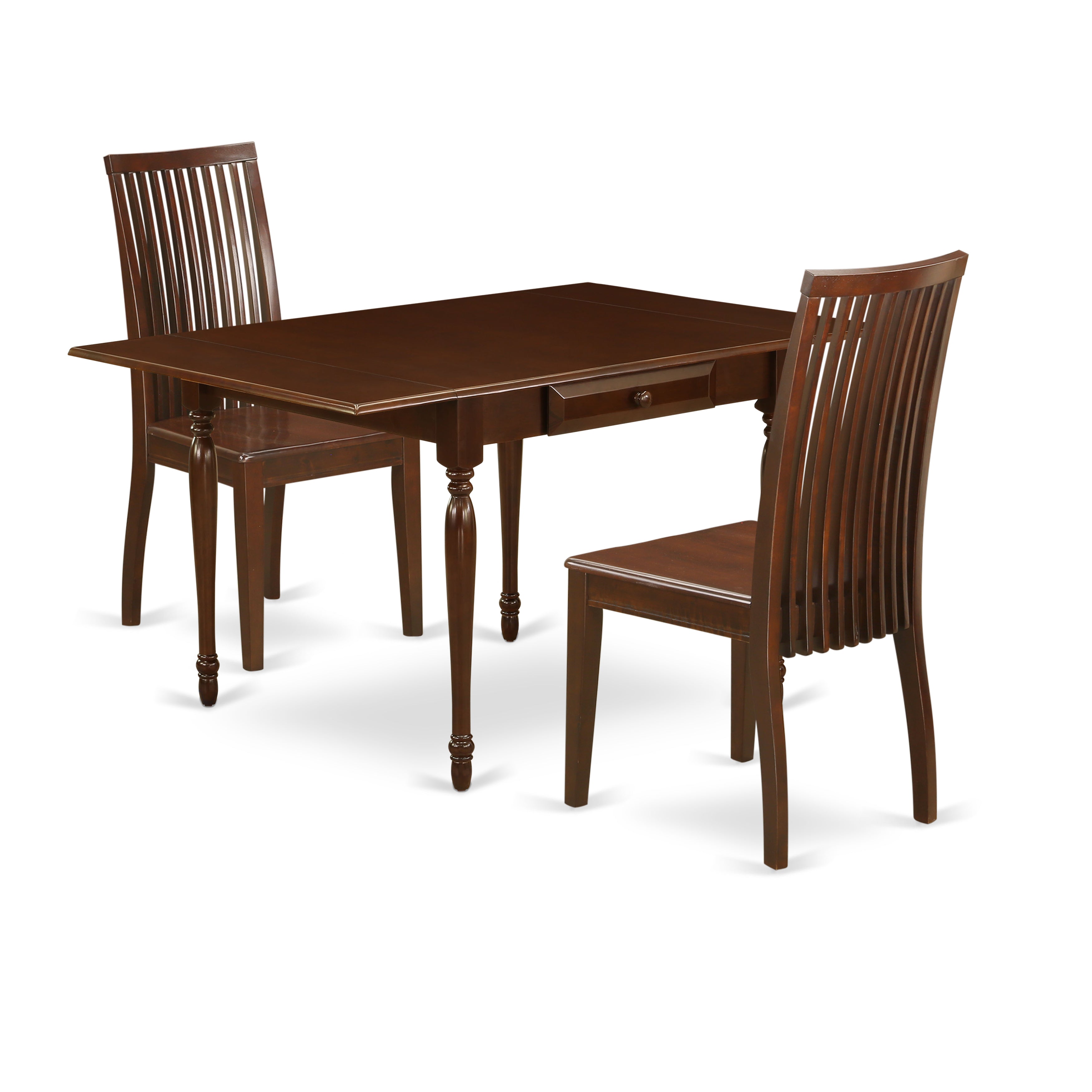 East West Furniture MZIP3-MAH-W 3 Pieces Wood Dining Table set - Robust Drop Leaf Real Wood Dining Room Table and 2 Wooden Seat Kitchen Chairs, Mahogany Finish