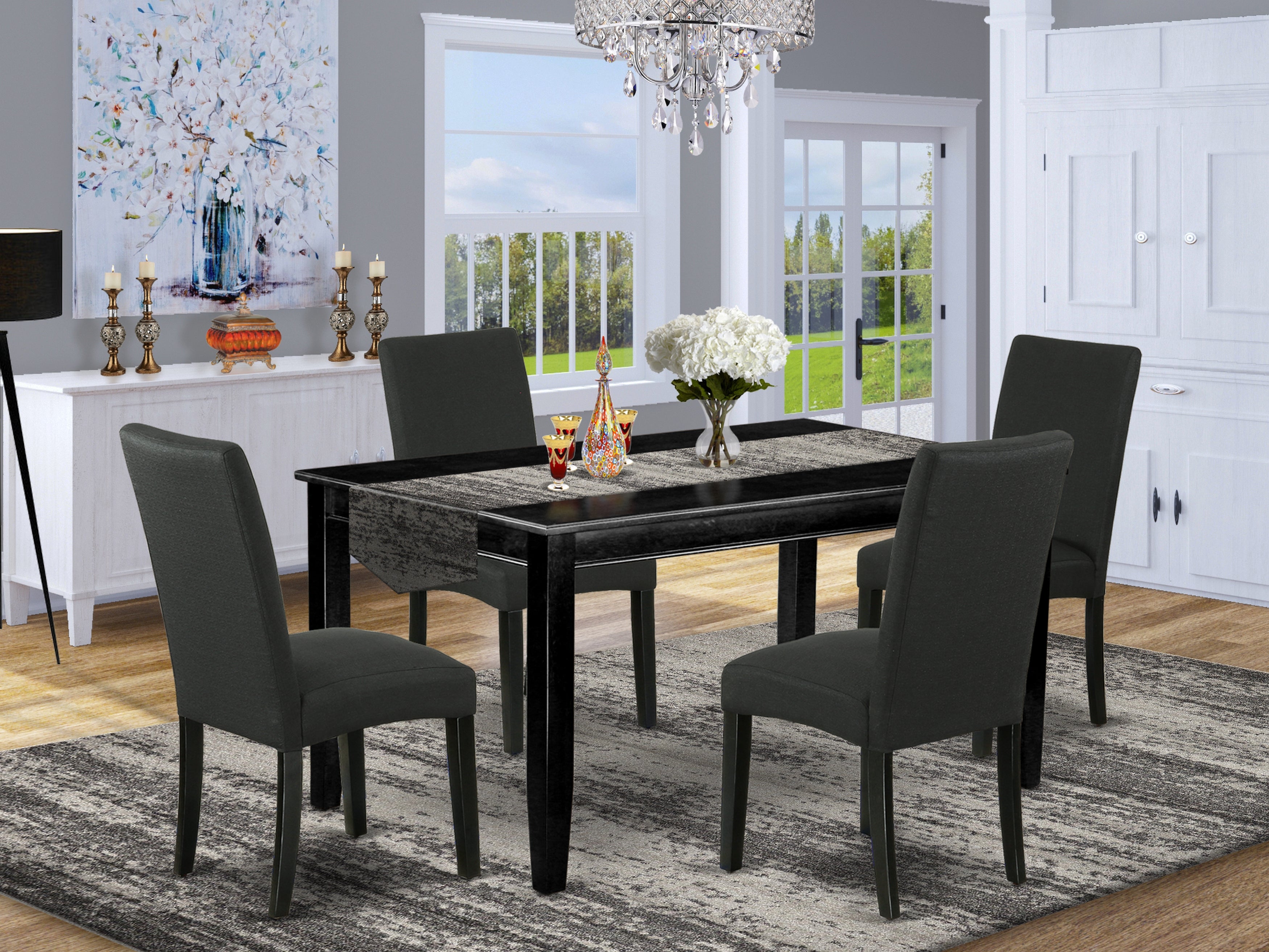 DUDR5-BLK-24 5Pc Rectangle 60 Inch Dining Table And Four Parson Chair With Black Finish Leg And Linen Fabric- Black Color