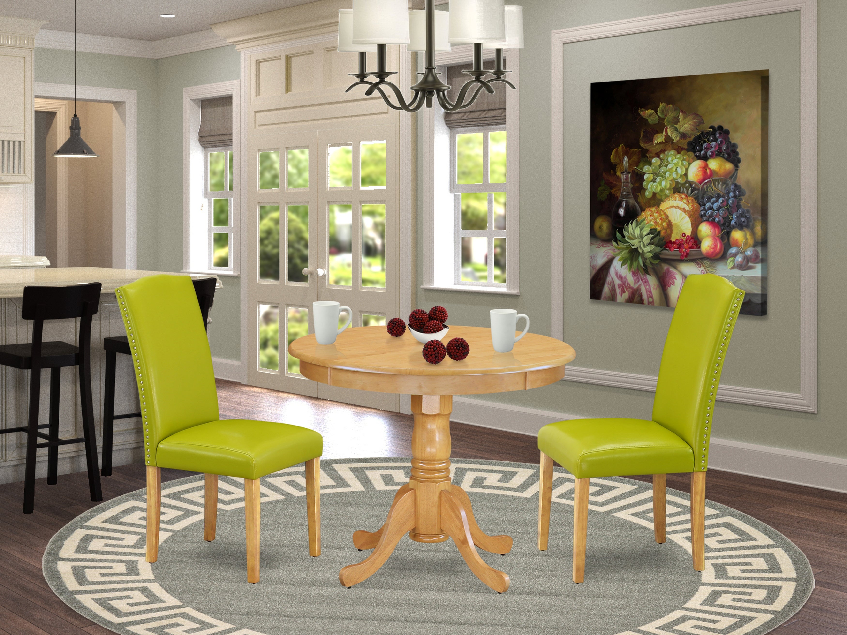 ANEN3-OAK-51 3Pc Rounded 36 Inch Dining Table And 2 Parson Chair With Oak Leg And Pu Leather Color Autumn Green