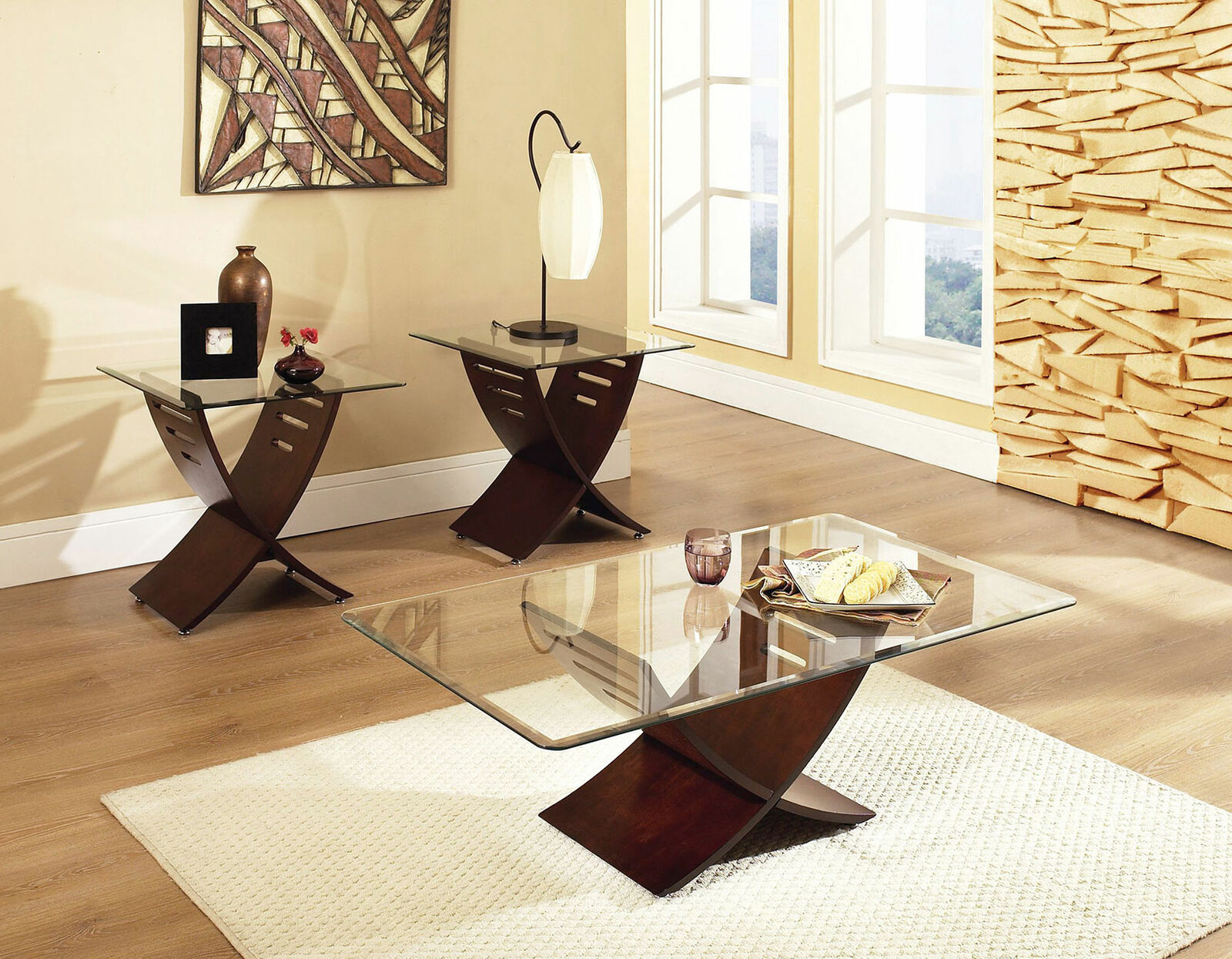 Cafe 3 Piece Cocktail Coffee Occasional Table Set With Glass Top