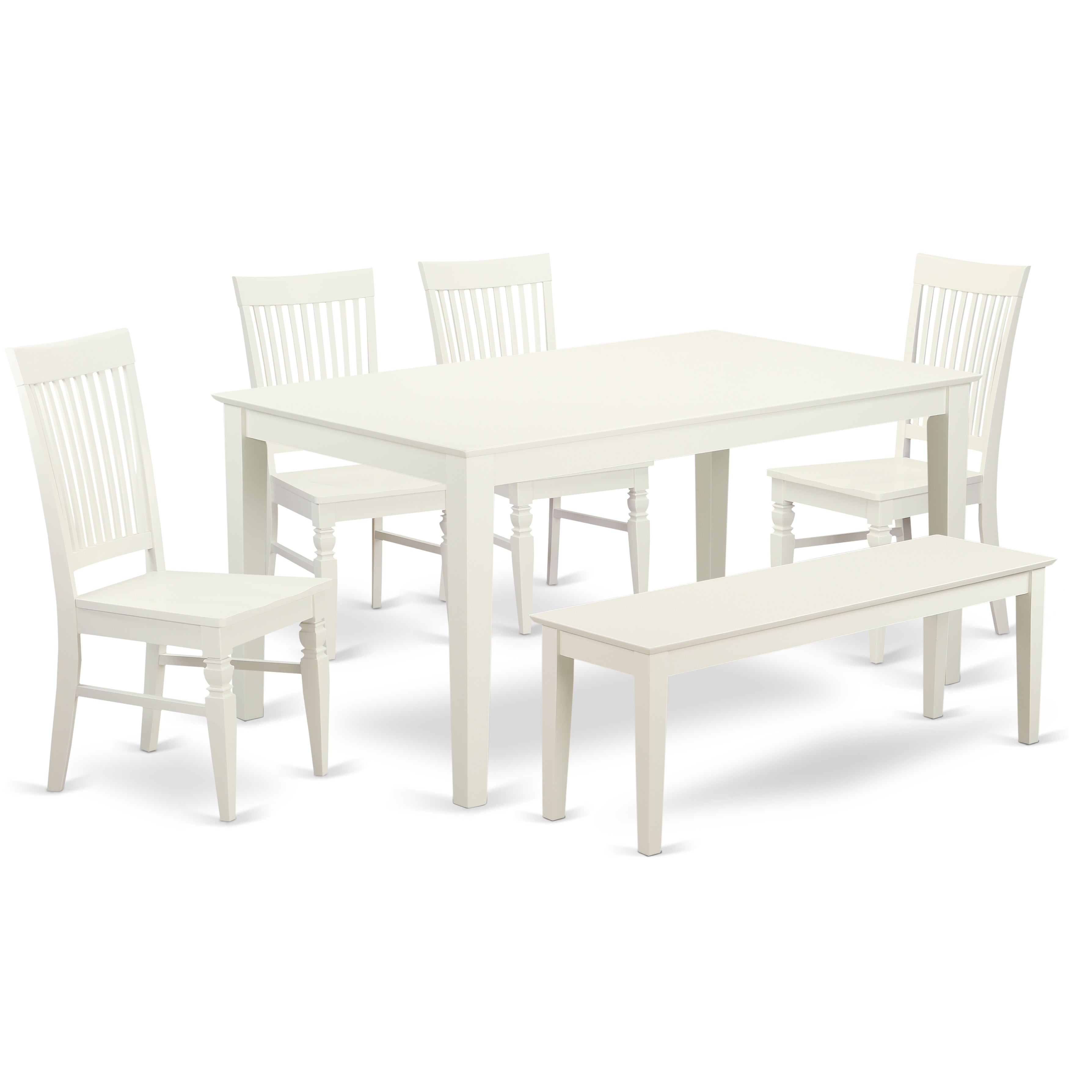 CAWE6-LWH-W 6 Pc dining for 6-Dining table and 4 Wood Seat Chairs and 1 Benches in Linen White