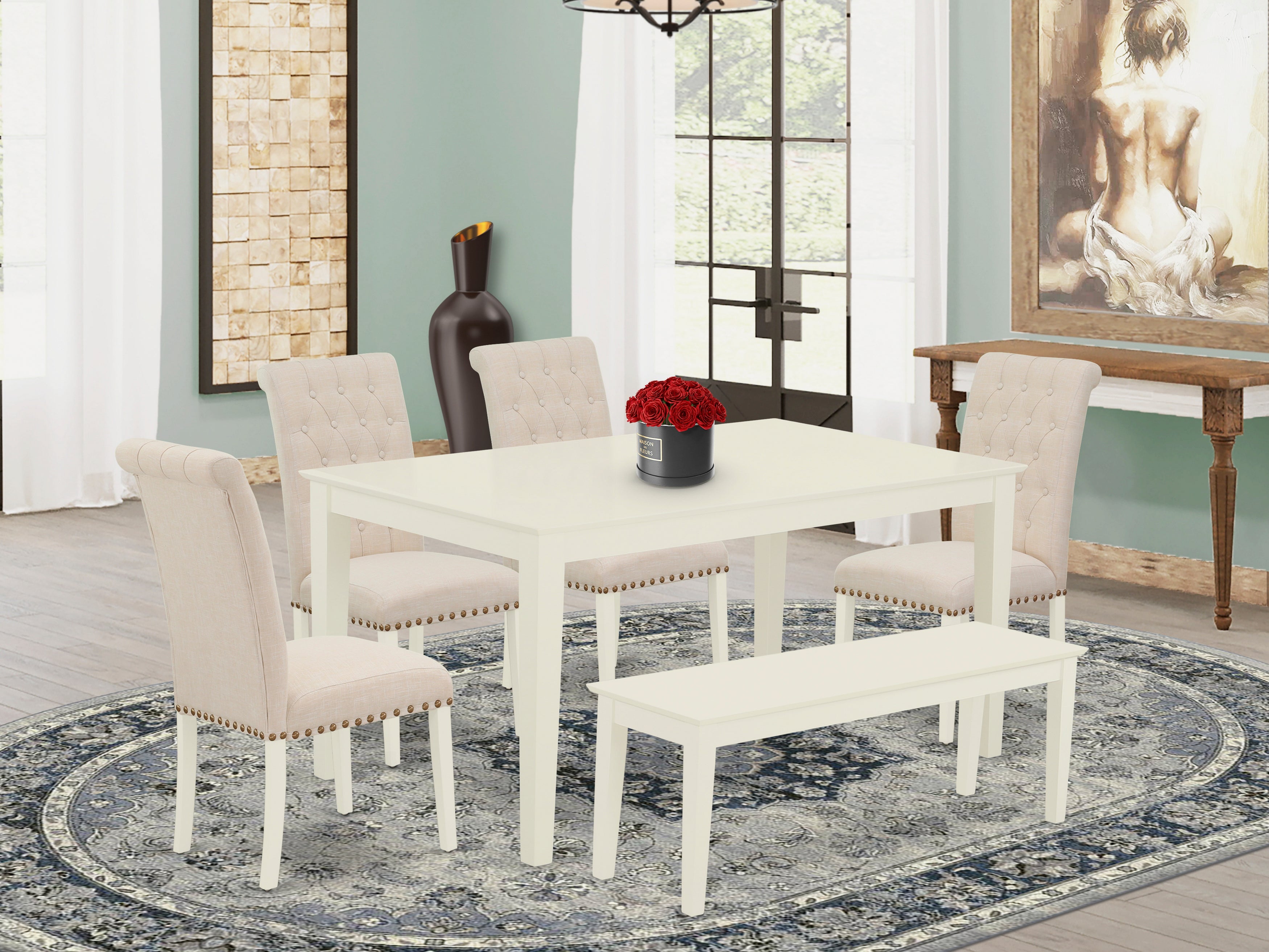 CABR6-LWH-02 6Pc Dining Set Includes a Rectangle Dinette Table and Four Parson Chairs with Light Beige Fabric and a Bench, Linen White Finish