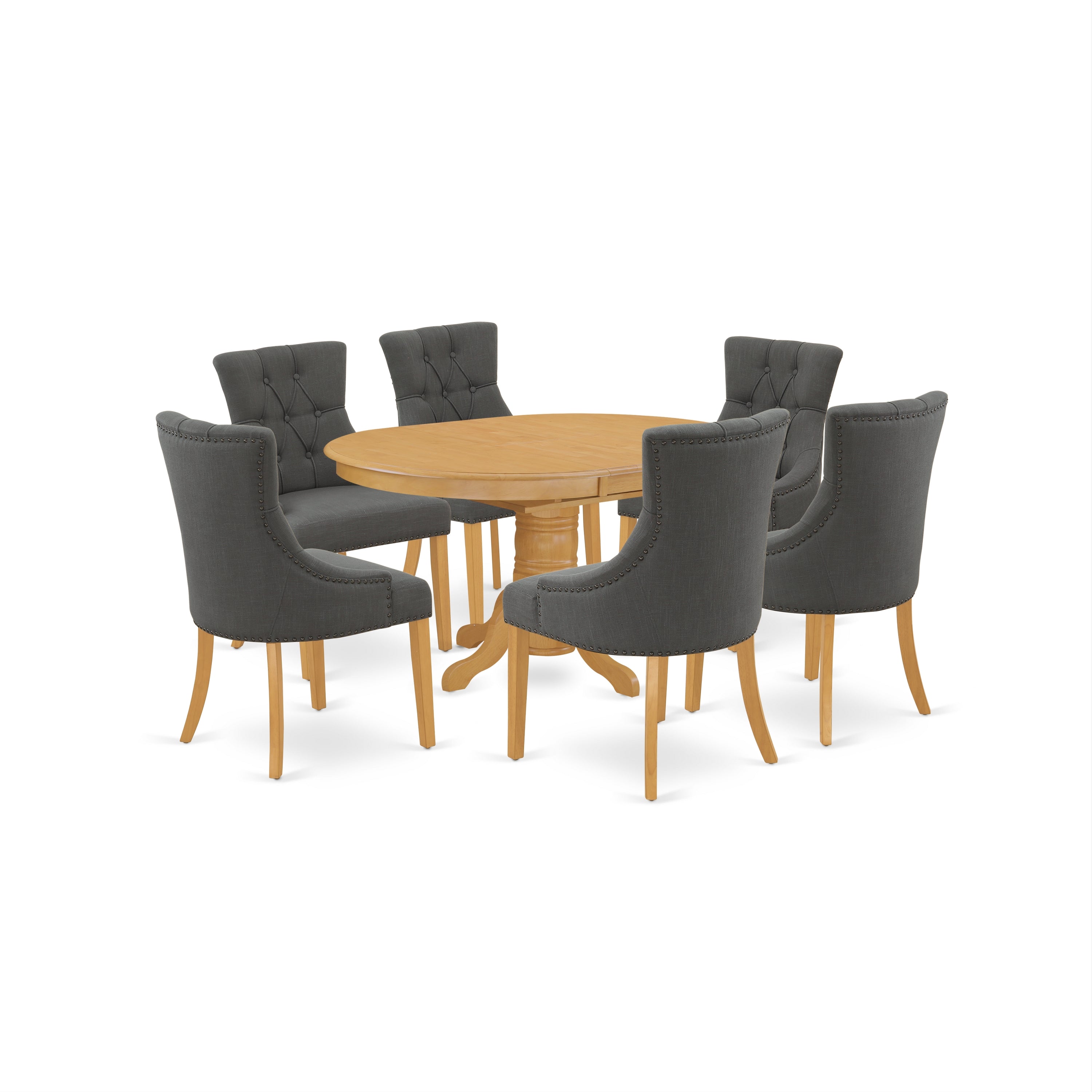 AVFR7-OAK-20 7Pc Dinette Set Includes an Oval Kitchen Table with Butterfly Leaf and Six Parson Chairs with Dark Gotham Grey Fabric, Oak Finish