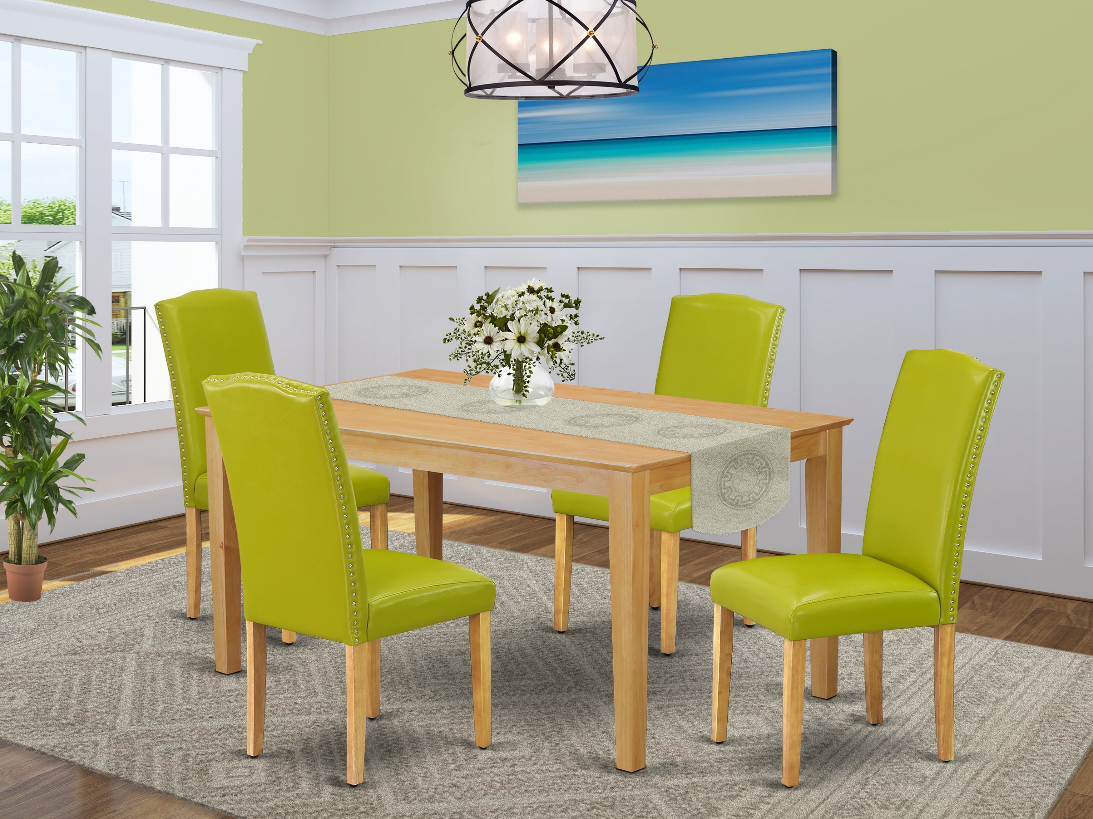 CAEN5-OAK-51 5Pc Rectangle 60" Dining Room Table And 4 Parson Chair With Oak Leg And Pu Leather Color Autumn Green