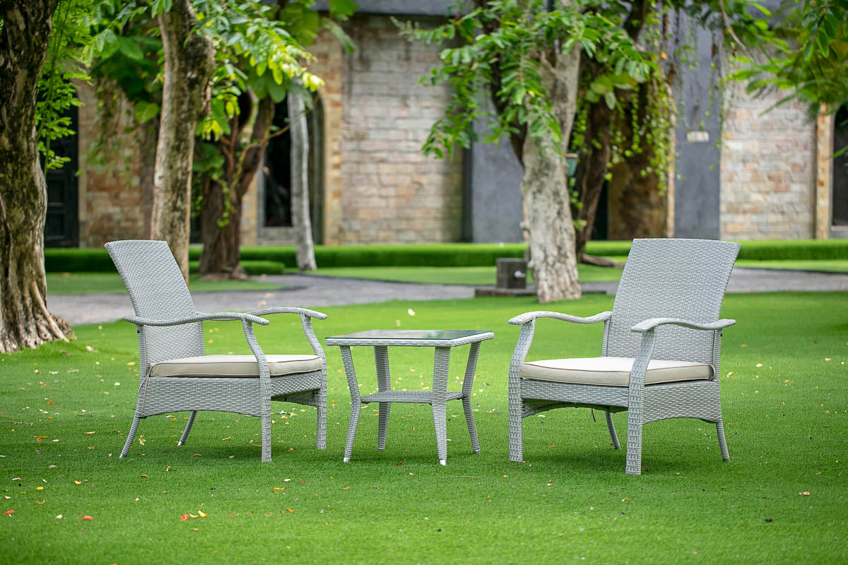 DTL3C03A 3Pc Outdoor-Furniture Natural Color Wicker Dining Set Includes a Patio Tea Table and 2 Balcony Backyard Armchair with Linen Fabric Cushion, Small
