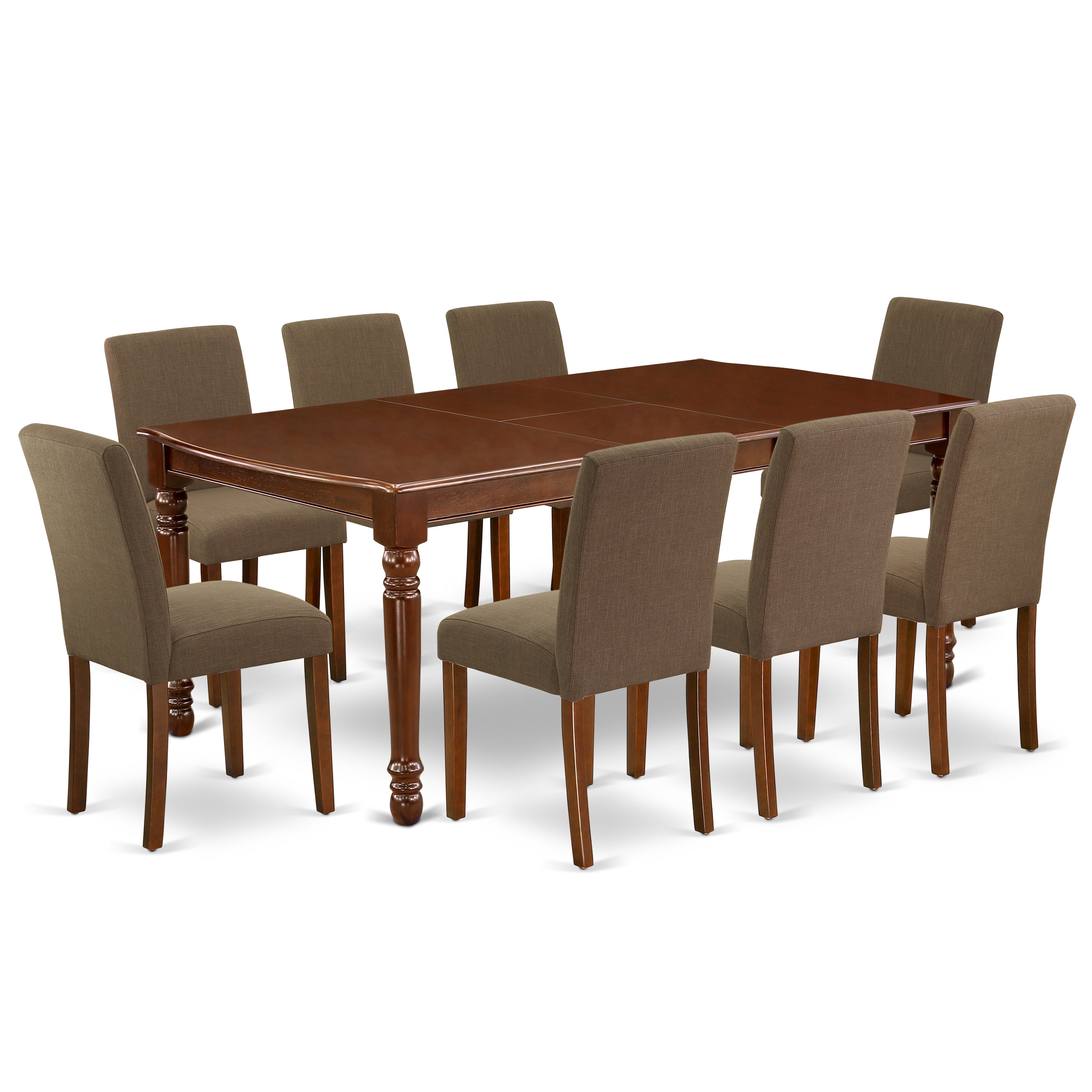 DOAB9-MAH-18 9Pc Rectangle 60/78 Inch Dining Table With 18 In Leaf And 8 Parson Chair With Mahogany Leg And Linen Fabric Coffee