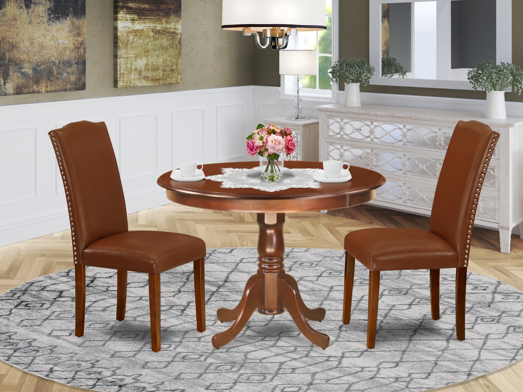 HLEN3-MAH-66 3Pc Rounded 42 Inch Dining Room Table And 2 Parson Chair With Mahogany Leg And Brown Flaux Leather