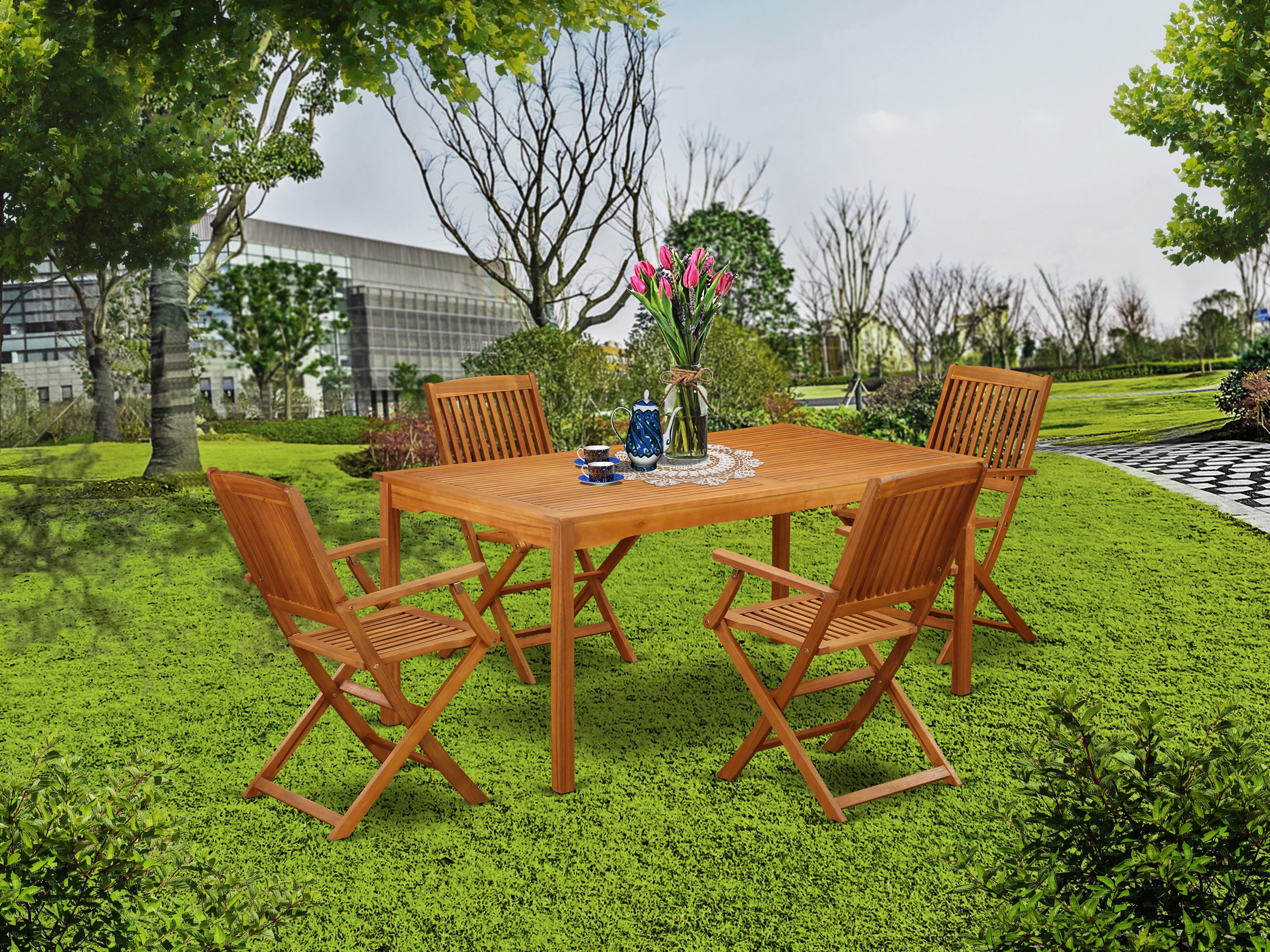 CMCM5CANA This 5 Pc Acacia Wood Courtyard Dining Sets offers an Outdoor-Furniture table and four patio dining chairs