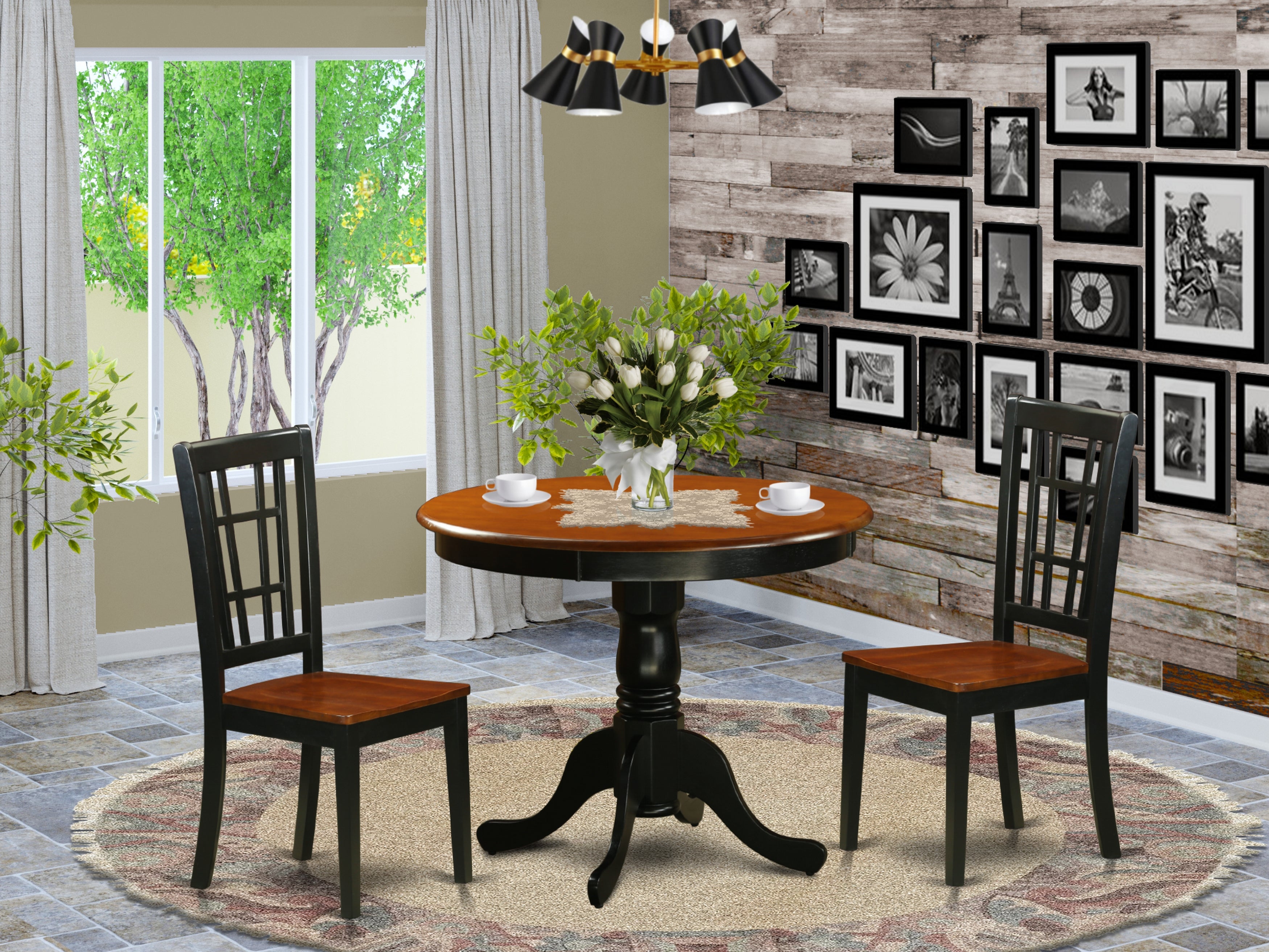 ANNI3-BLK-W 3 PC Dining Table with 2 Wood Chairs in Black and Cherry