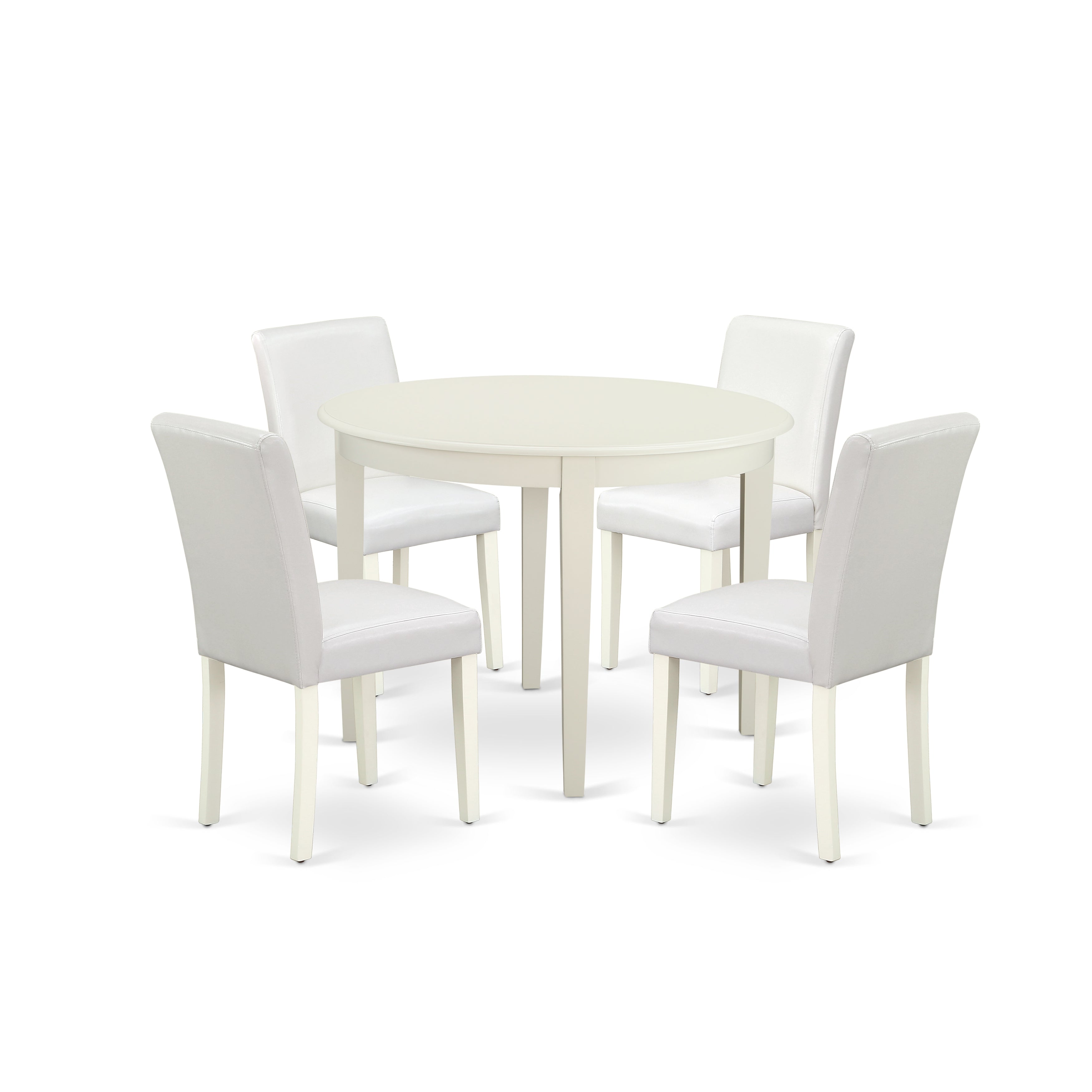 BOAB5-LWH-64 5Pc Round 42" Kitchen Table And Four Parson Chair With Linen White Leg And Pu Leather Color White