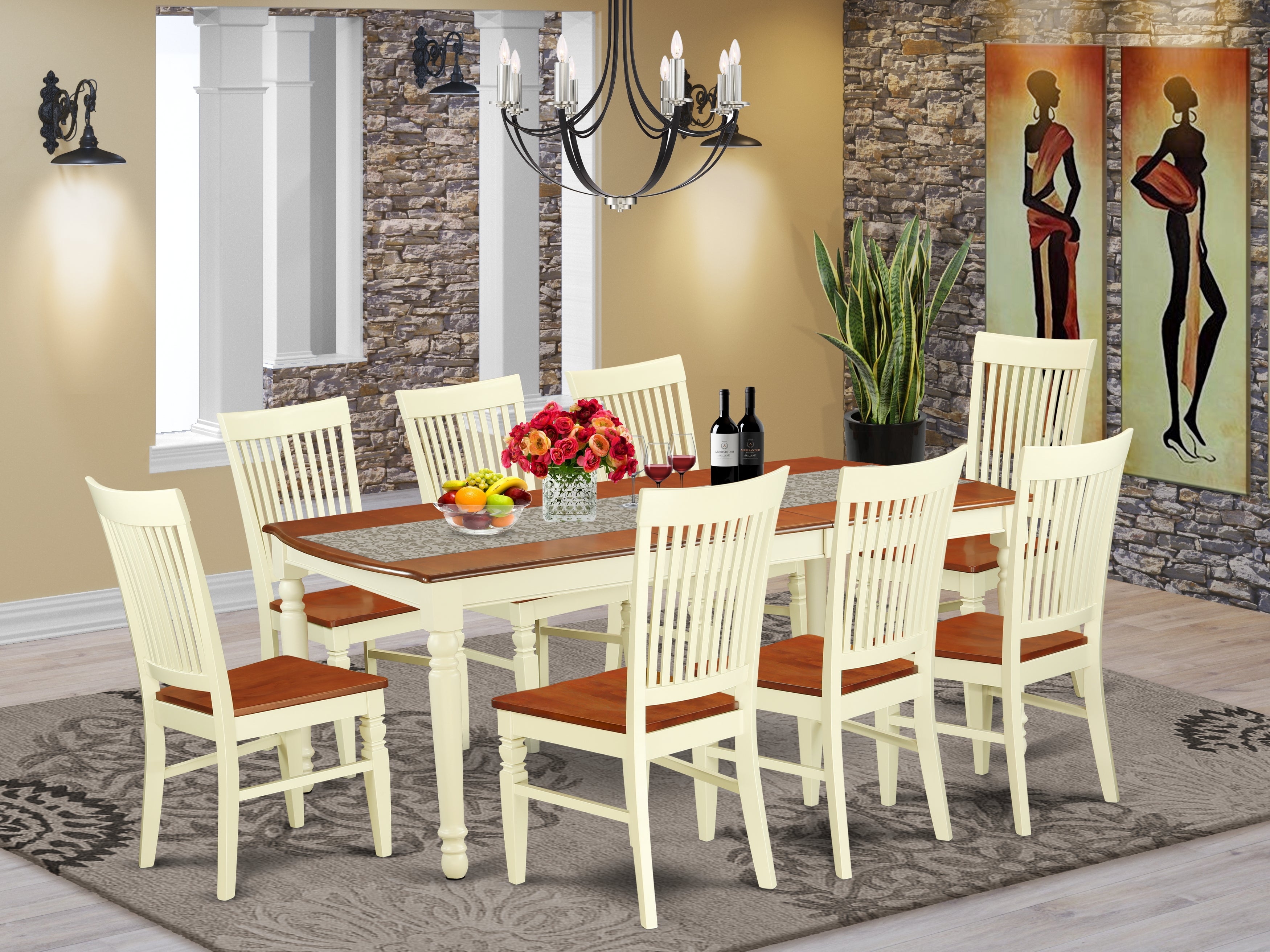 DOWE9-BMK-W 9 Pc Kitchen table set with a Dining Table and 8 Dining Chairs in Buttermilk and Cherry