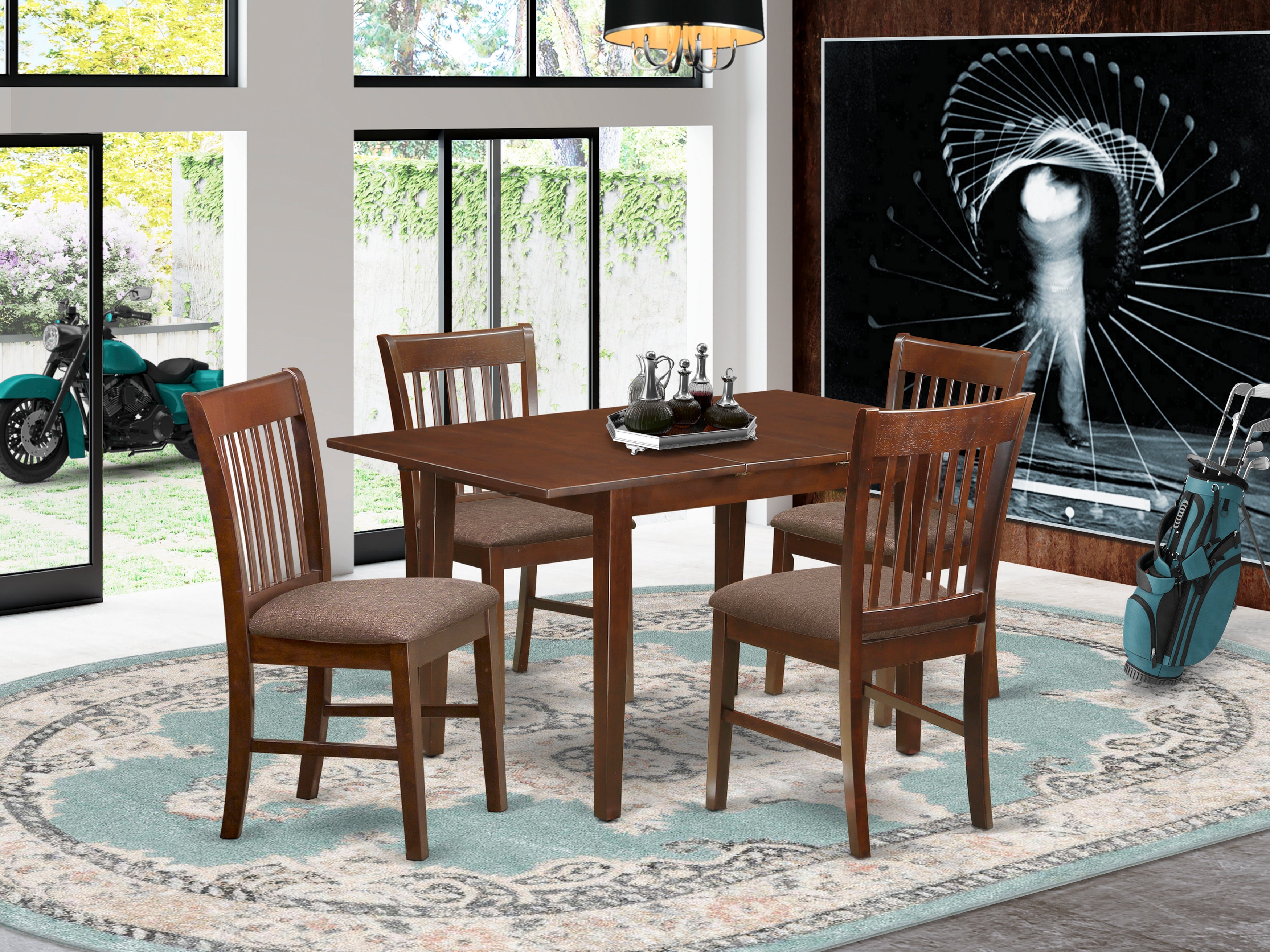 5 Pc Kitchen Nook Dining Table with 12in leaf & 4 Dining Chairs Set In Mahogany