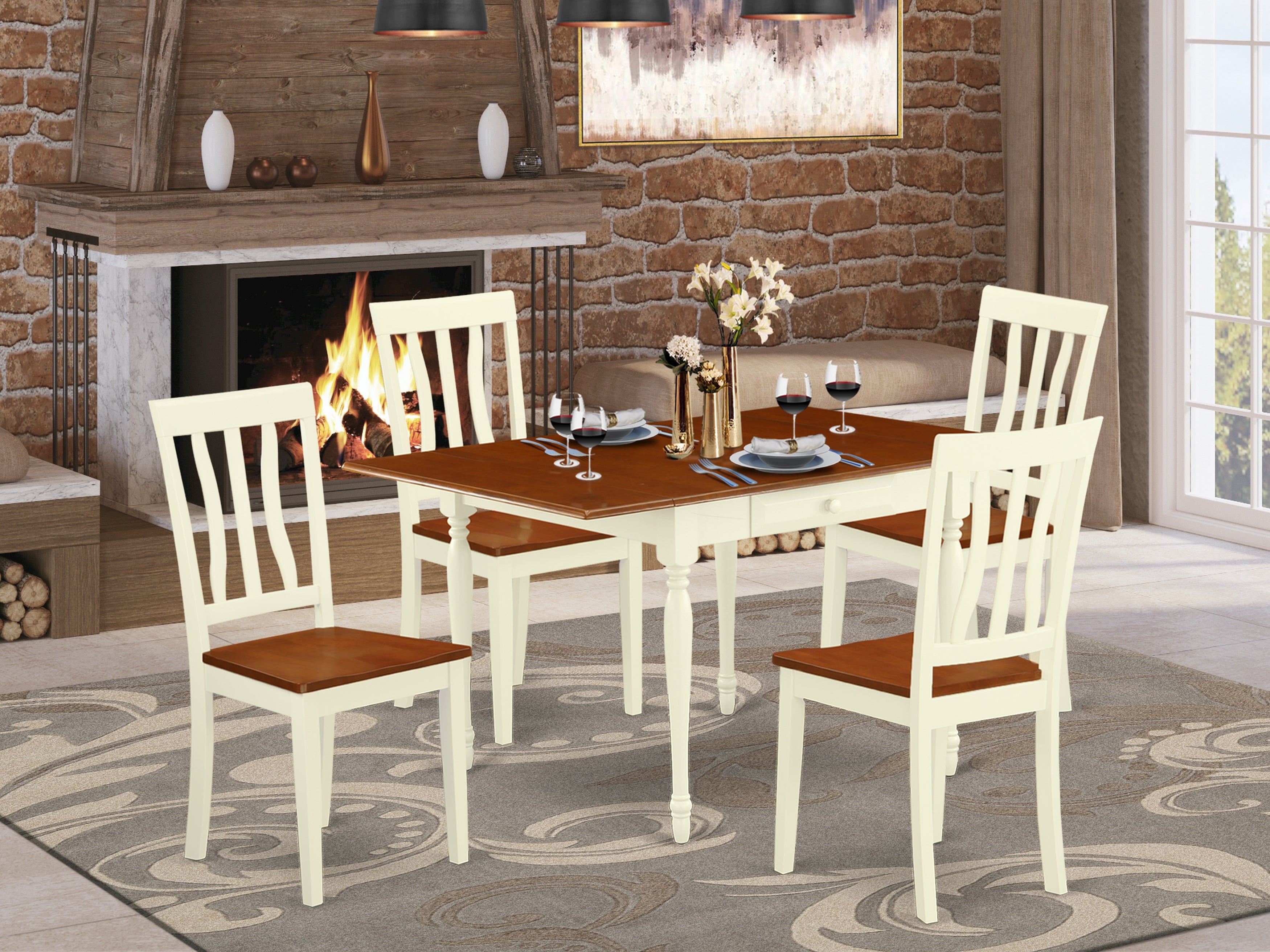 East West Furniture MZAN5-WHI-W 5Pc Dining Set Consists of a Rectangular Table and 4 Kitchen Chairs with Solid Wood Seat, Drop Leaf Table with Slat Back Chairs, Buttermilk and Cherry Finish