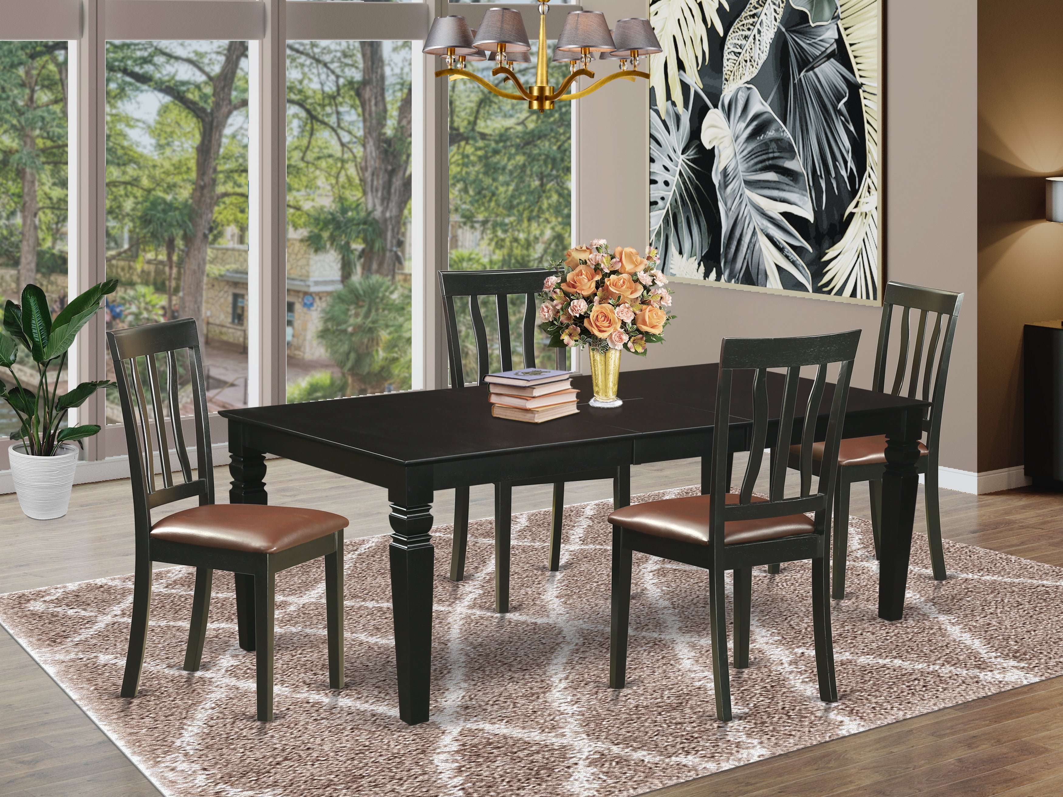 LGAN5-BLK-LC 5 Pc Kitchen table set with a Kitchen Table and 4 Leather Dining Chairs in Black