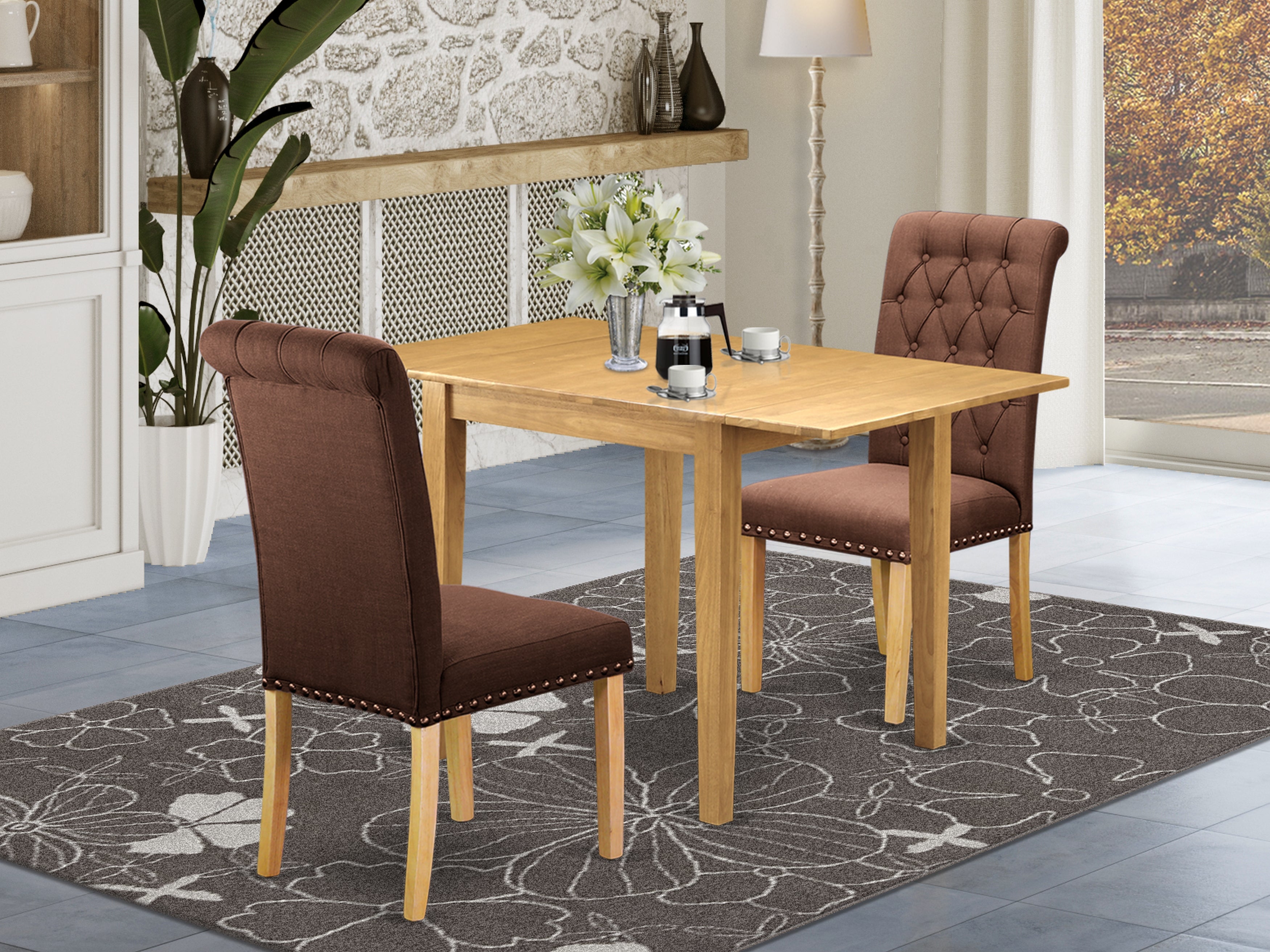 East West Furniture NDBR3-OAK-19 Wooden Dining Table Set 3 Pc - 2 Dining Room Chairs and a Breakfast Table - Oak Finish Wood - Chocolate Color Linen Fabric