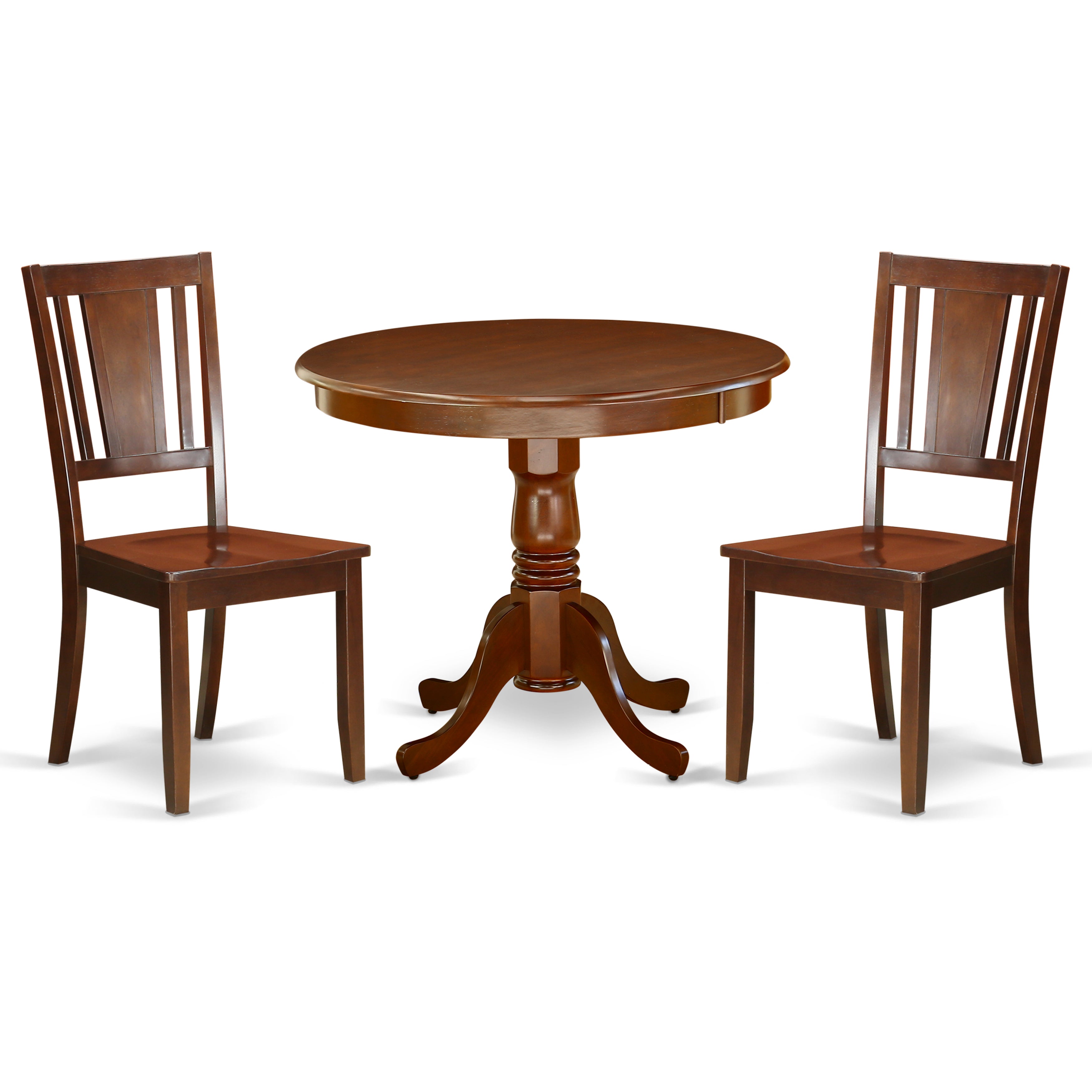 ANDU3-MAH-W 3Pc Round 36 Inch Dining Table And Two Wood Seat Chairs