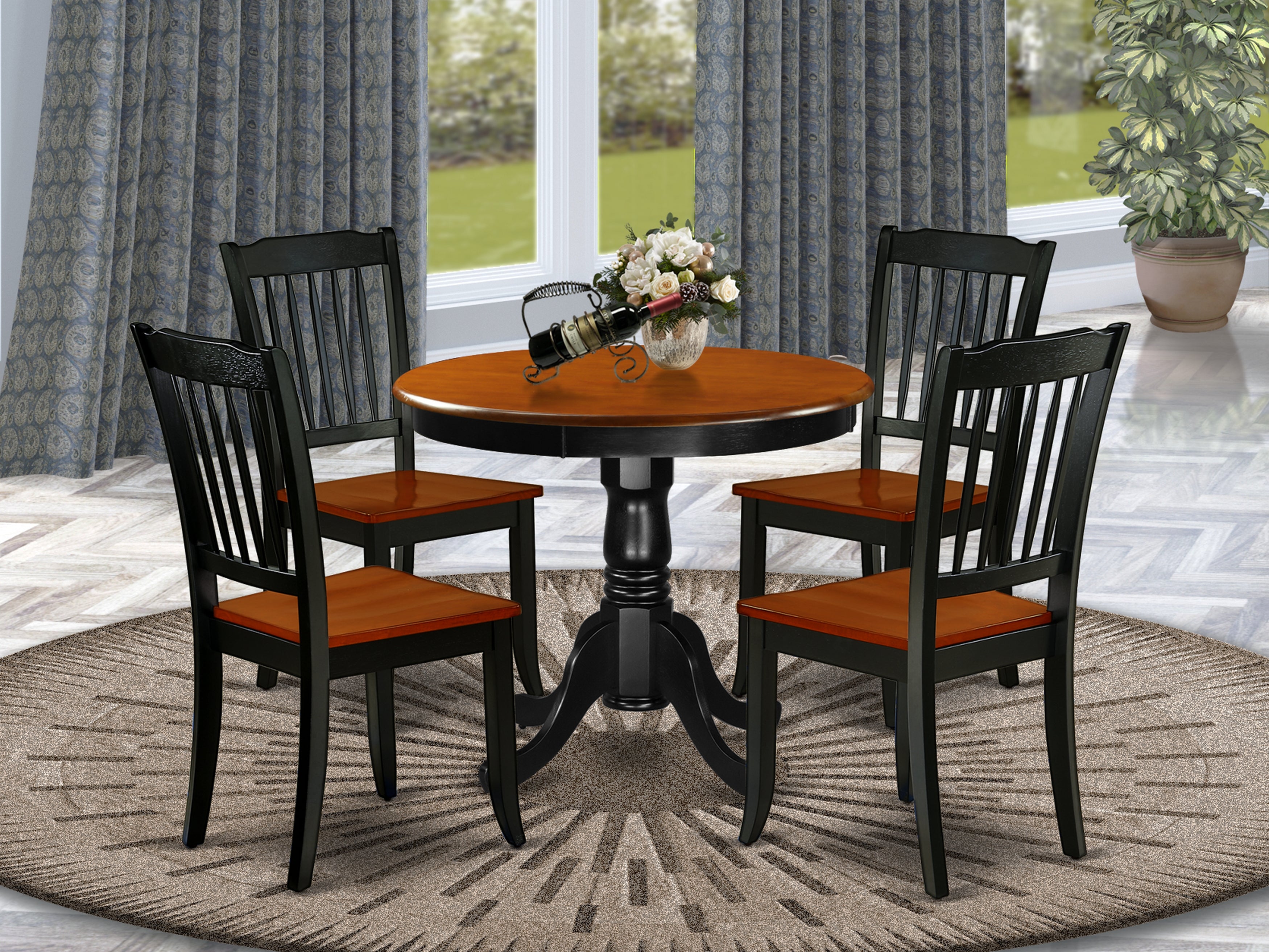 ANDA5-BCH-W 5PC Round 36 inch Table and 4 vertical slatted Chairs