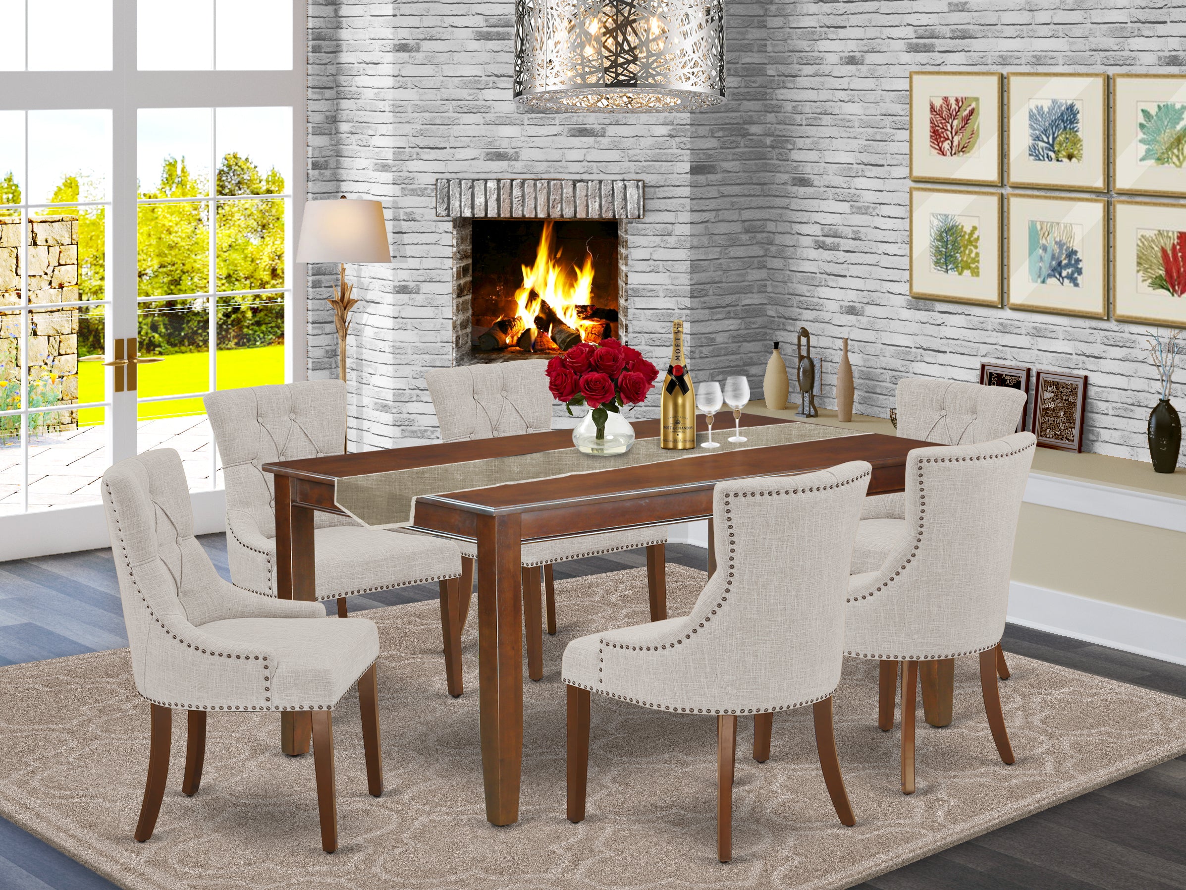 DUFR7-MAH-05 7Pc Dinette Set Includes a Rectangular Kitchen Table and Six Parson Chairs with Doeskin Fabric, Mahogany Finish