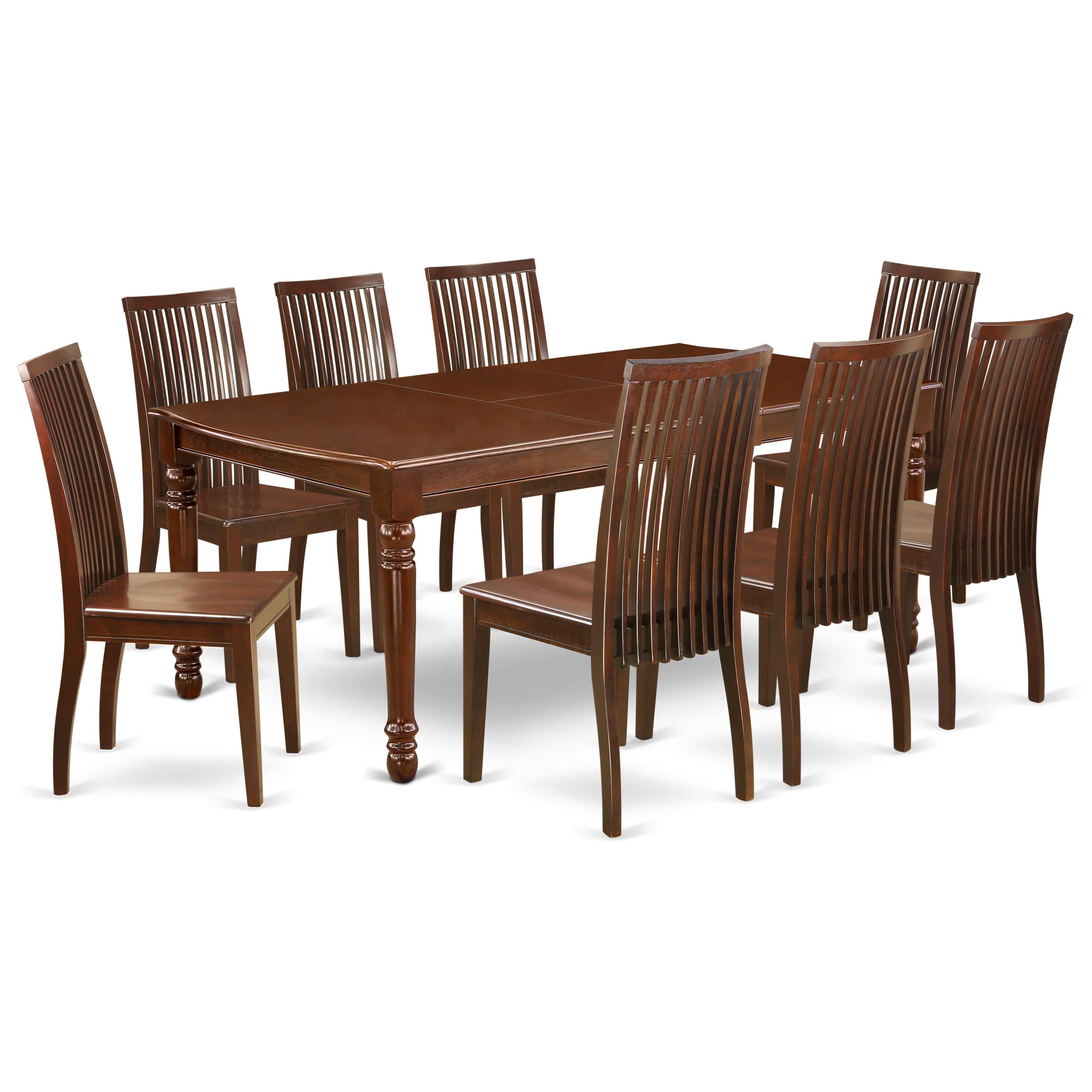 DOIP9-MAH-W 9Pc Rectangle 60/78" Dinner Table With 18 In Leaf And Eight Wood Seat Kitchen Chairs