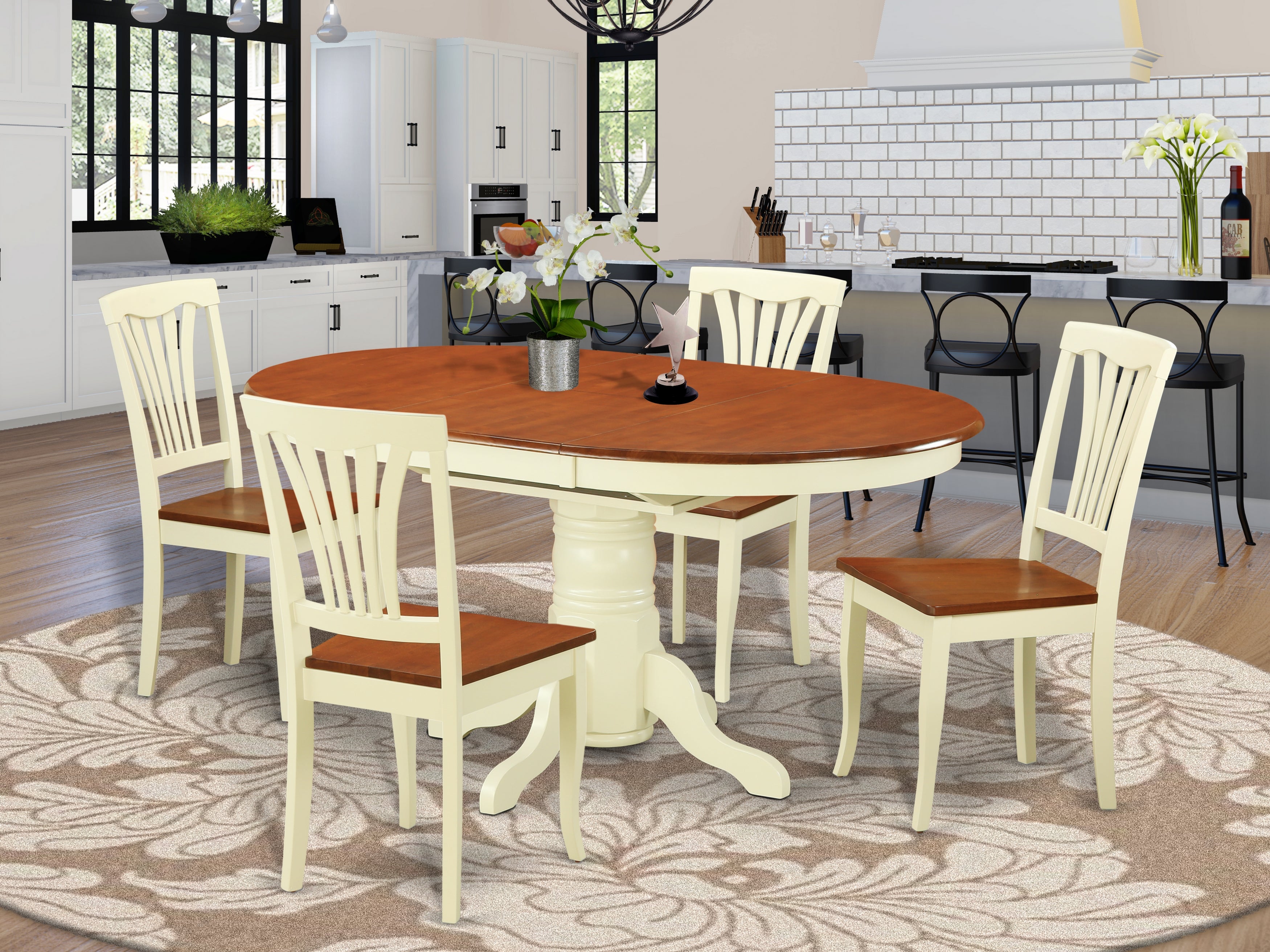 AVON5-WHI-W 5 Pc Dinette Table with Leaf and 4 Wood Seat Chairs in Buttermilk and Cherry.