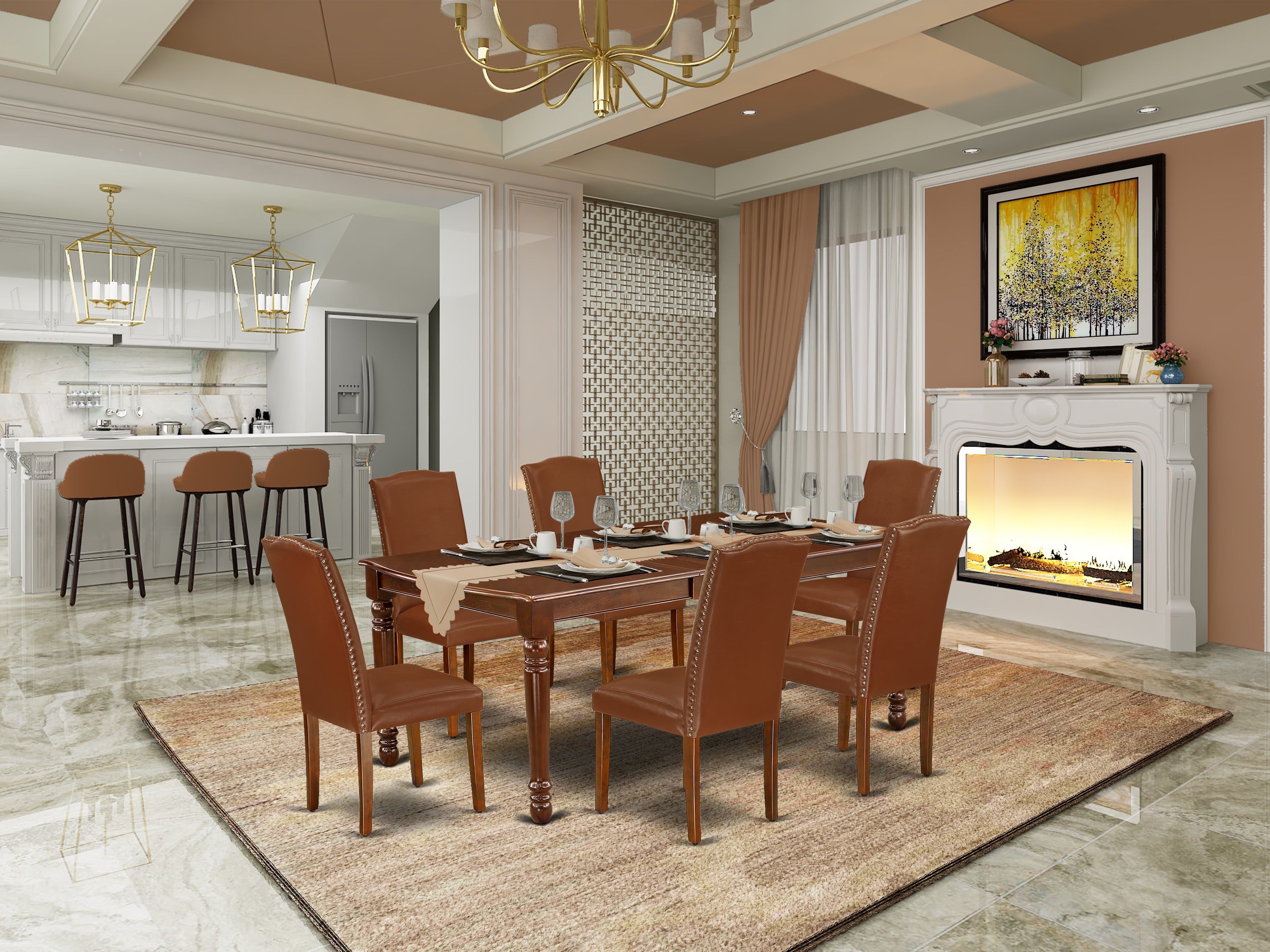DOEN7-MAH-66 7Pc Rectangle 60/78 Inch Table With 18 In Leaf And 6 Parson Chair With Mahogany Leg And Brown Flaux Leather