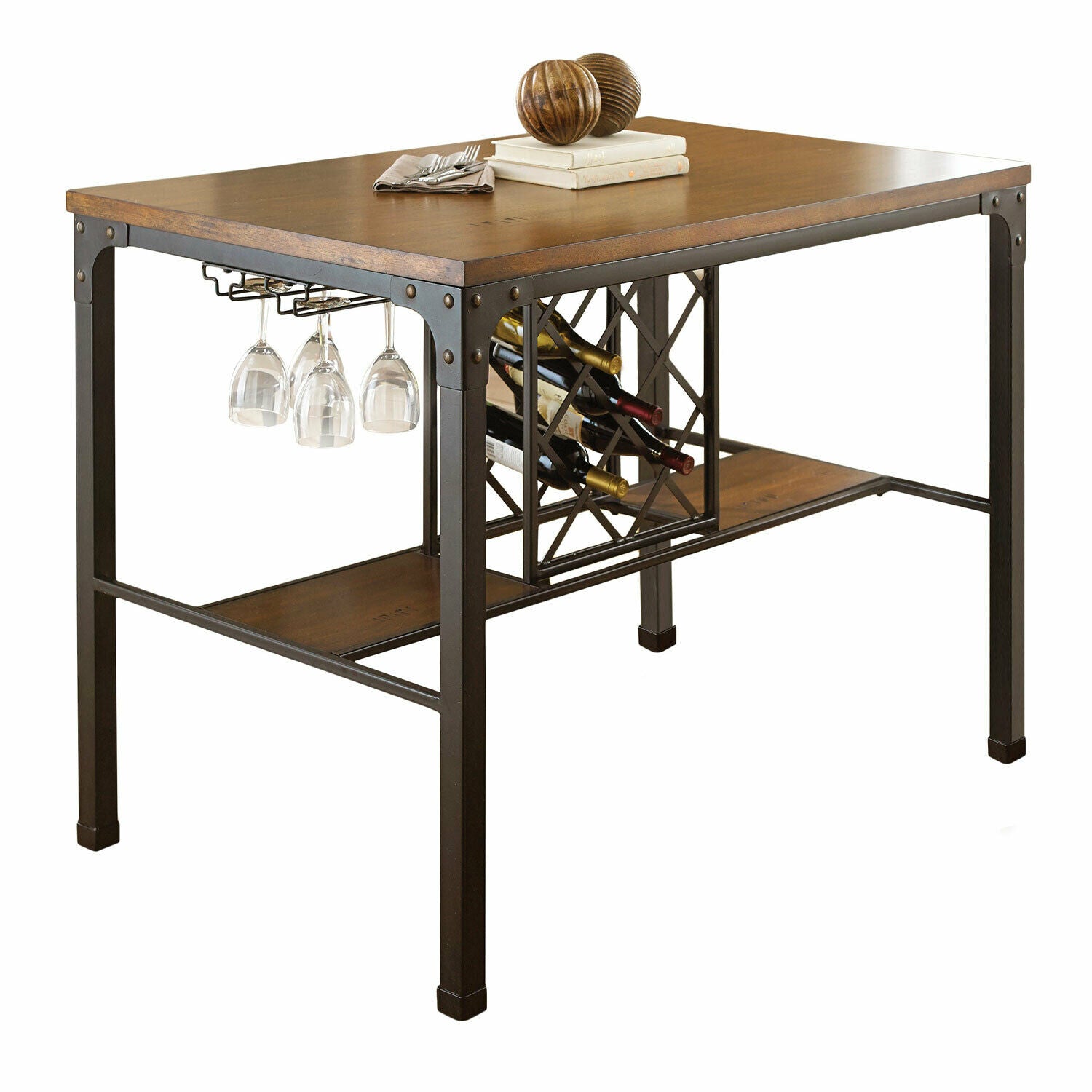 Rebecca Wine Storage Wood And Hand painted Metal Counter Height Dining Table