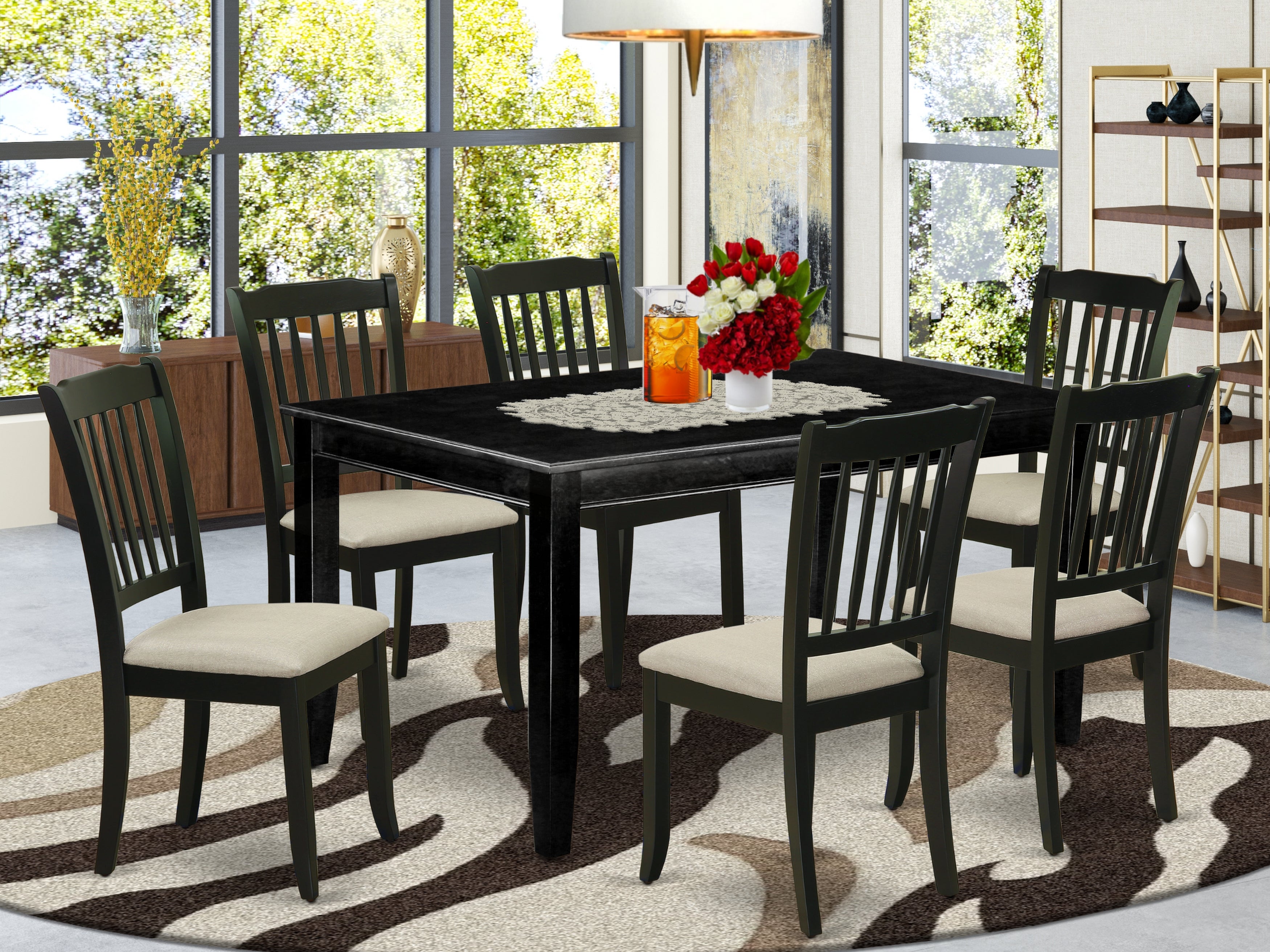DUDA7-BLK-C 7Pc Dinette Set Includes a Rectangular Kitchen Table and Six Vertical Slatted Microfiber Seat Dining Chairs, Black Finish