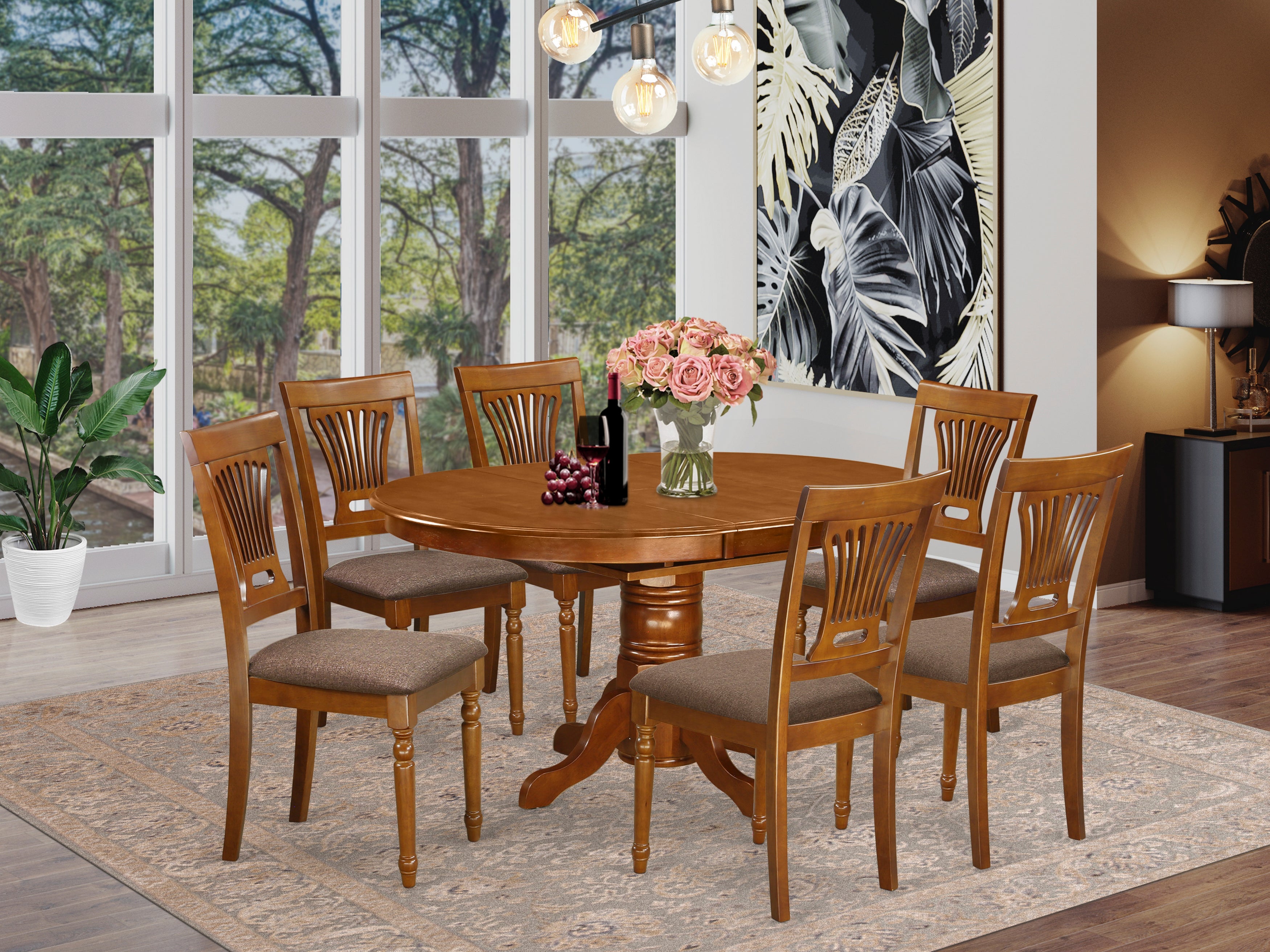 AVPL7-SBR-C 7 PcAvon Dining Table featuring Leaf and 6 Upholstered Seat Chairs in Saddle Brown .