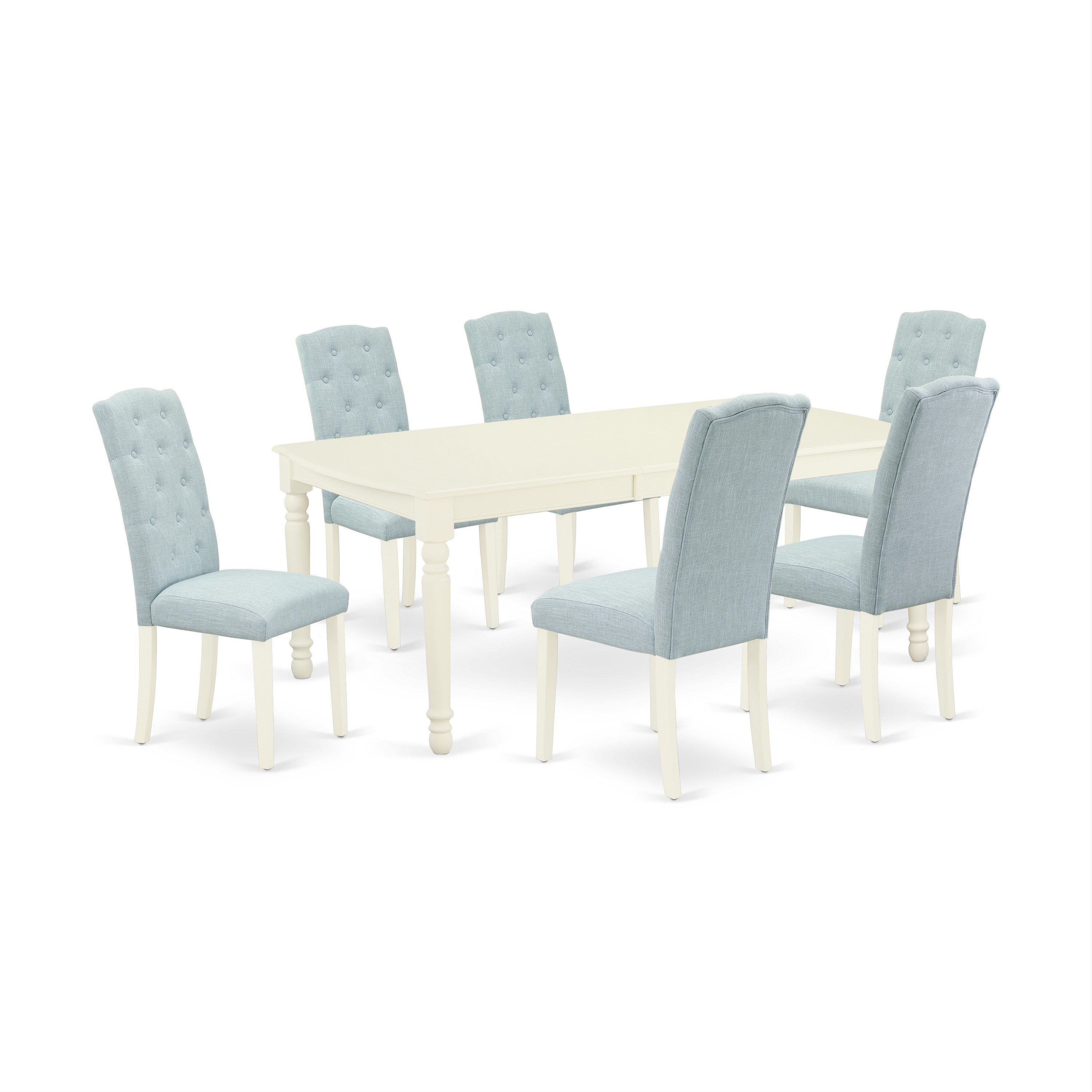 DOCE7-LWH-15 7Pc Dinette Set Includes a Rectangular Kitchen Table with Butterfly Leaf and Six Parson Chairs with Baby Blue Fabric, Linen White Finish