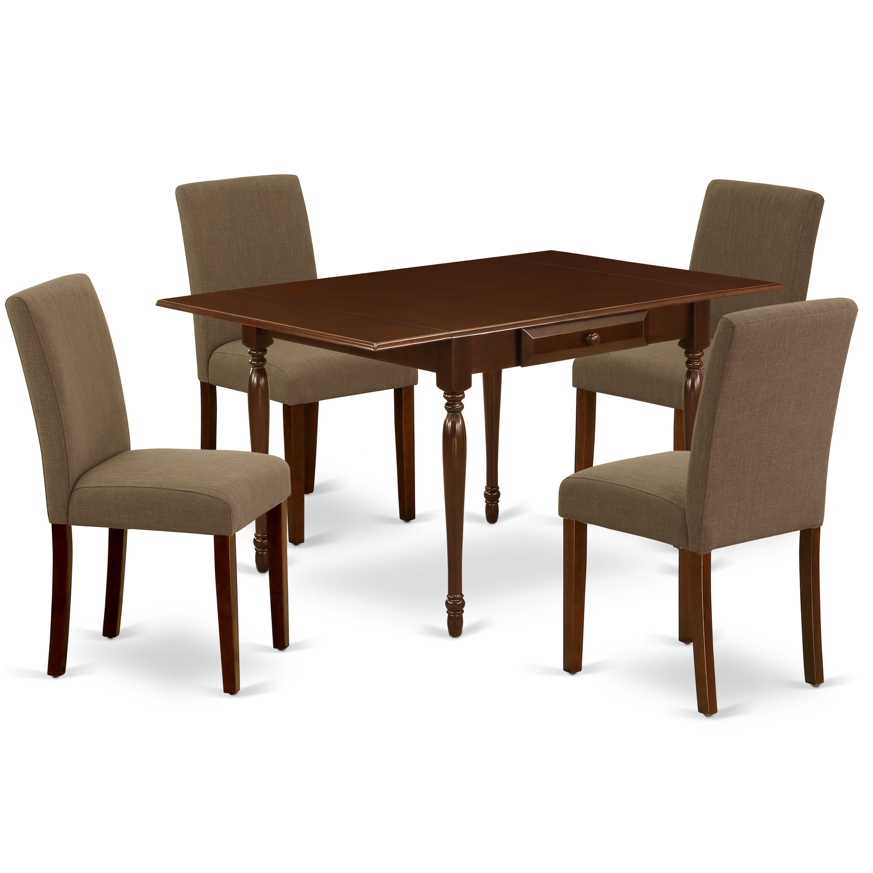 East West Furniture MZAB5-MAH-18 5Pc Modern Dining Table Set Includes a Wood Dining Table and 4 Parson Chairs with Coffee Color Linen Fabric, Drop Leaf Table with Full Back Chairs, Mahogany Finish