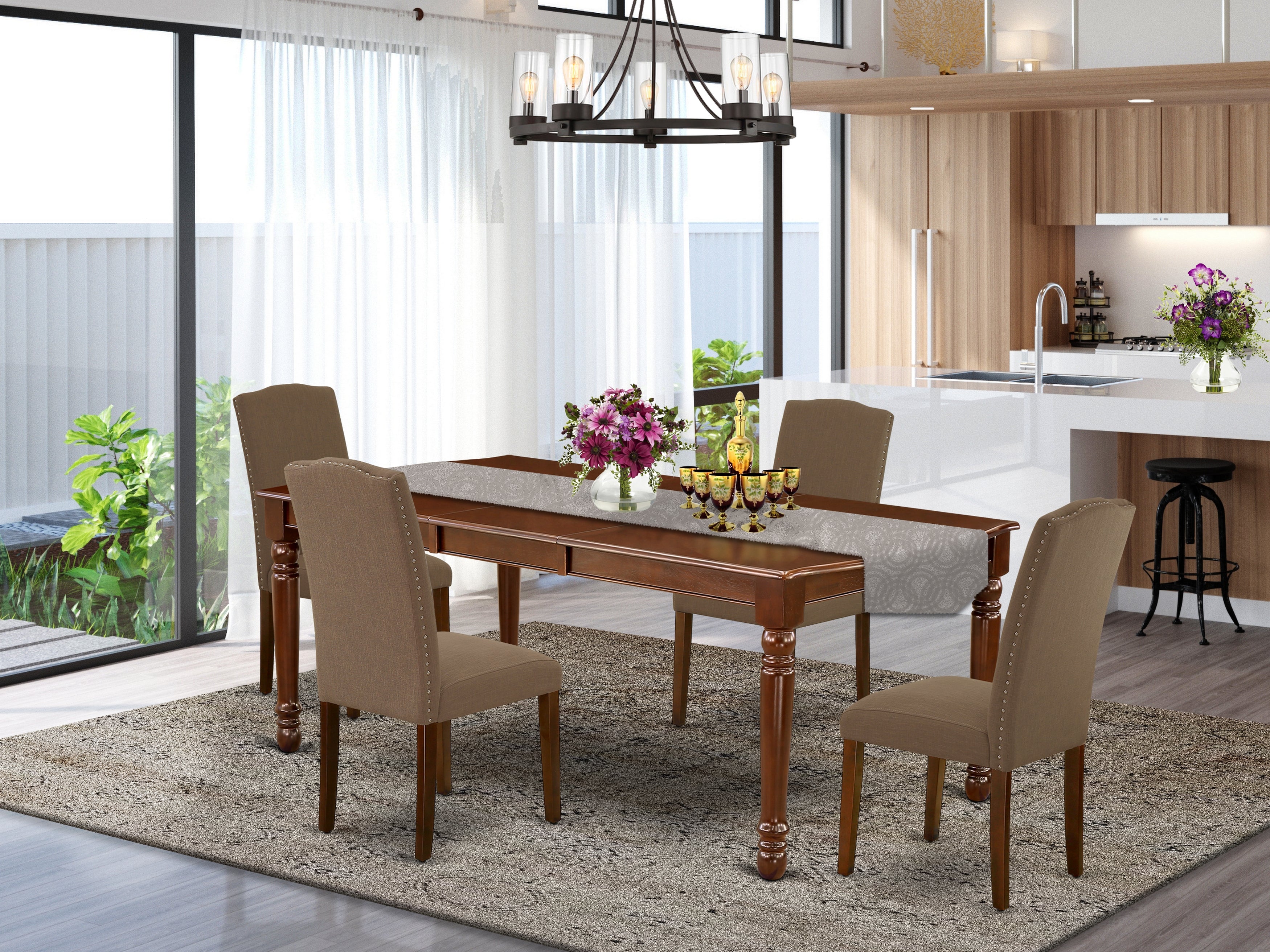 DOEN5-MAH-18 5Pc Rectangular 60/78" Table With 18 In Leaf And Four Parson Chair With Mahogany Leg And Linen Fabric Dark Coffee