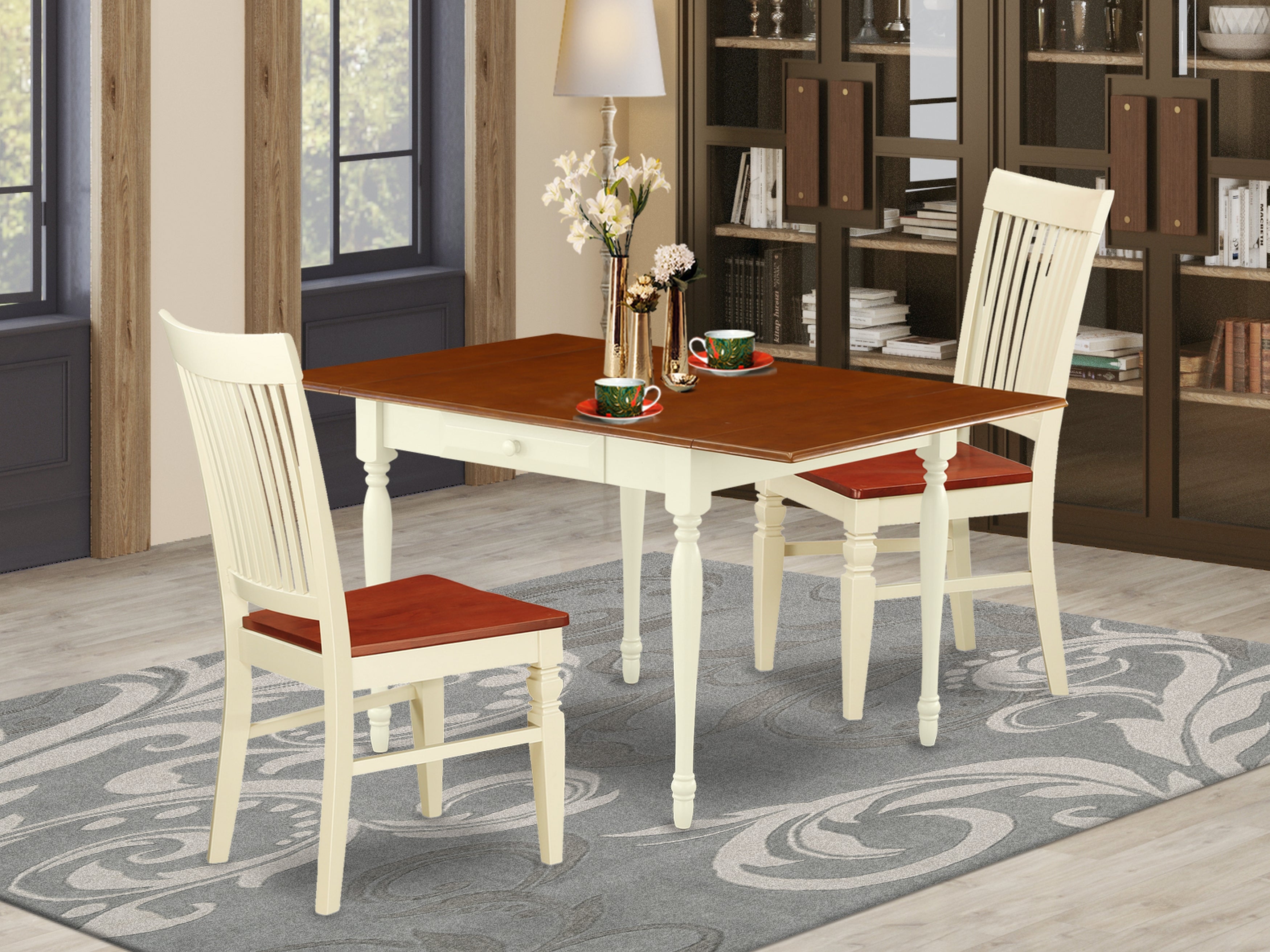 East West Furniture MZWE3-WHI-W 3 Pieces Dinette set - Robust Two 9-Inch Drop Down Leaves Real Wood Dining Table and 2 Hardwood Seat Kitchen Chairs, Buttermilk and Cherry Finish