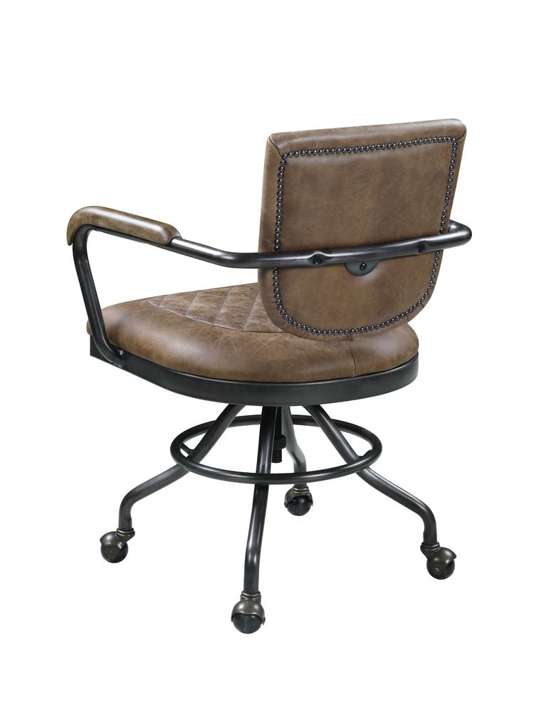 Office Chair In Antique Brown Top Grain Leather In Gun Metal Finish