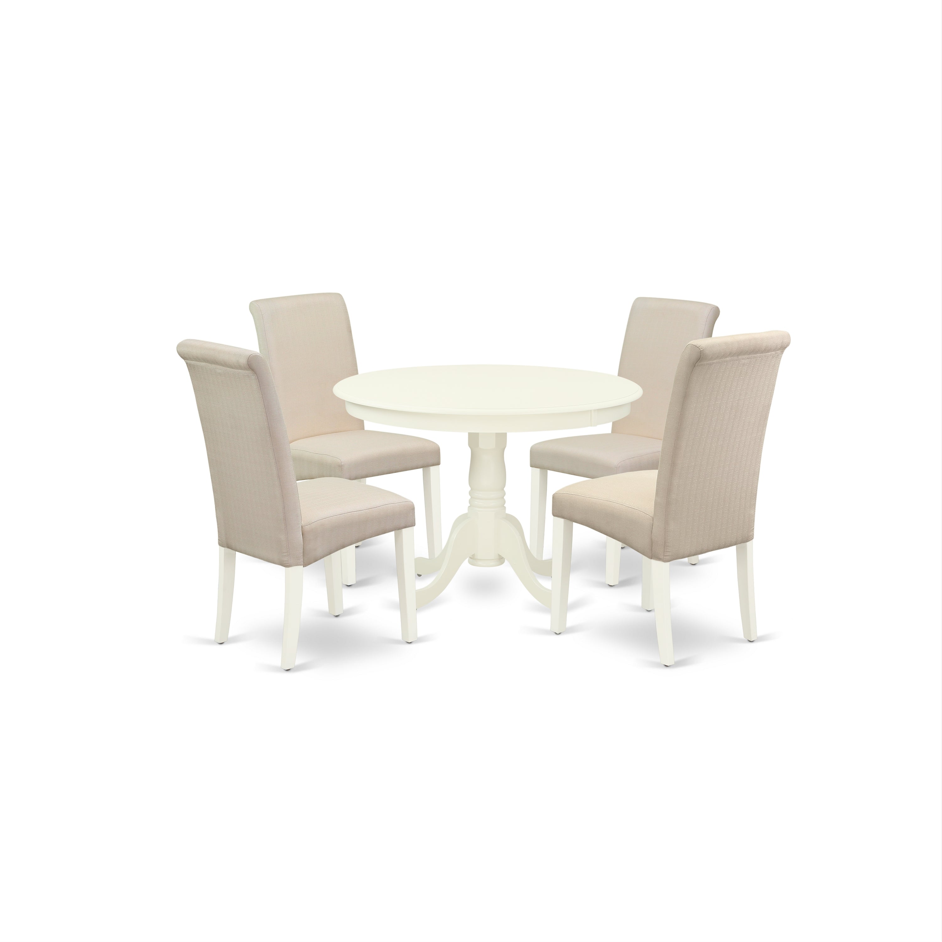HLBA5-LWH-01 5Pc Dining Set Includes a Round Dinette Table and Four Parson Chairs with Cream Fabric, Linen White Finish