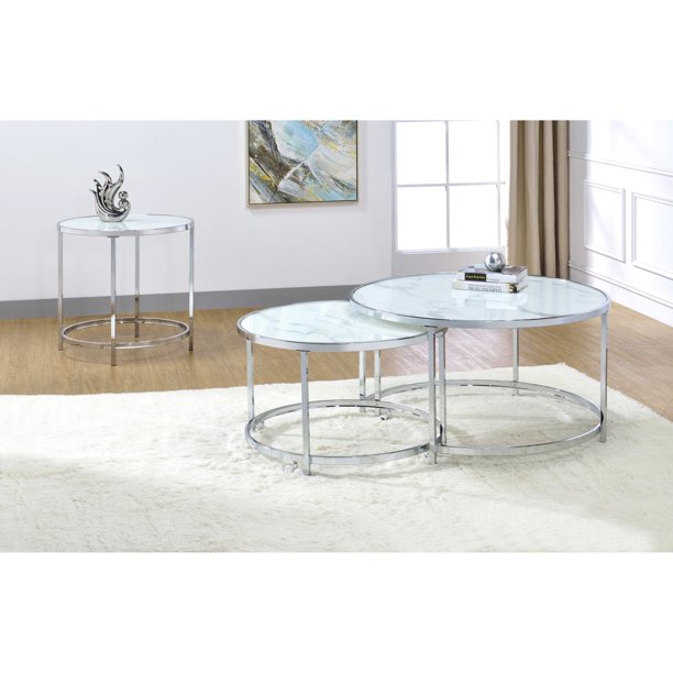 Rayne Faux Marble Nesting Cocktail Tables In White And Chrome