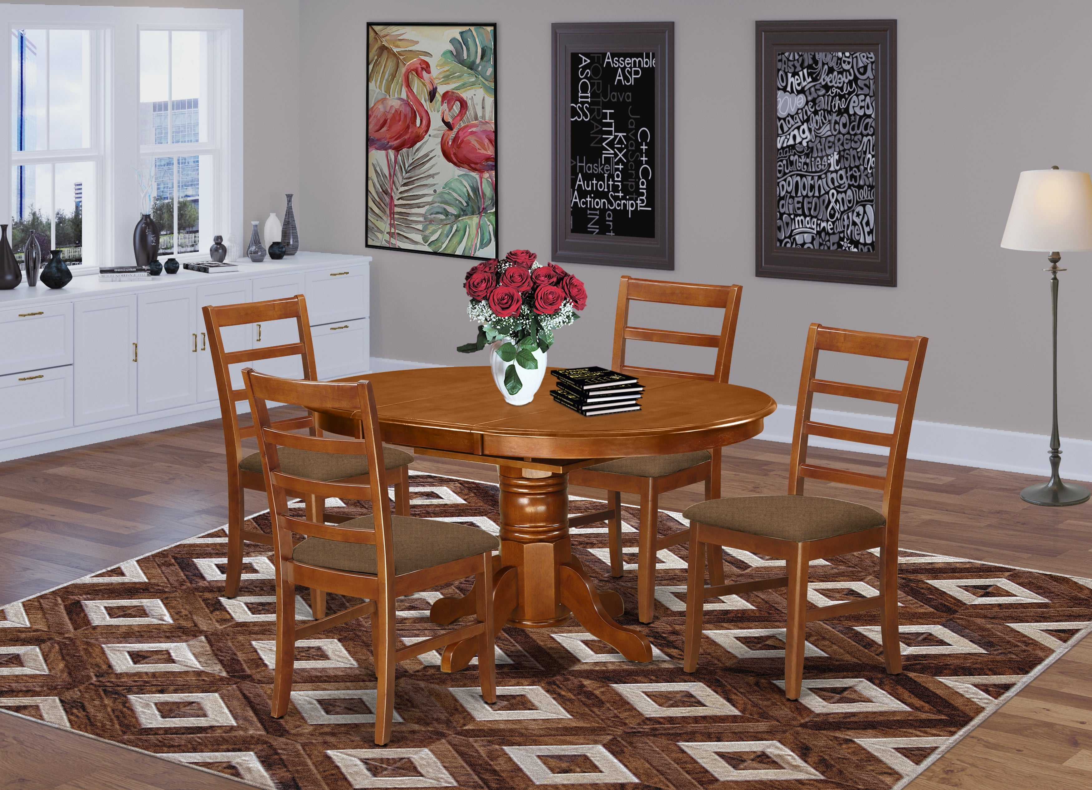 AVPF5-SBR-C 5 Pc set Avon Table featuring Leaf and 4 Cushiad Dinette Chairs in Saddle Brown