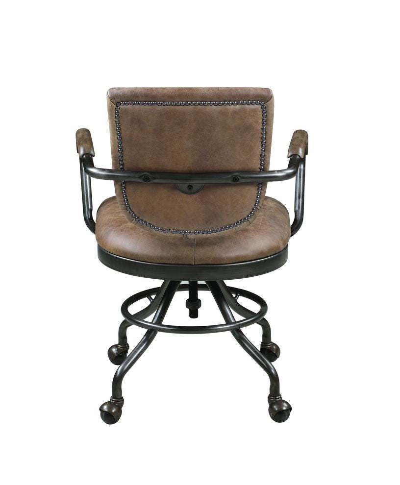 Office Chair In Antique Brown Top Grain Leather In Gun Metal Finish