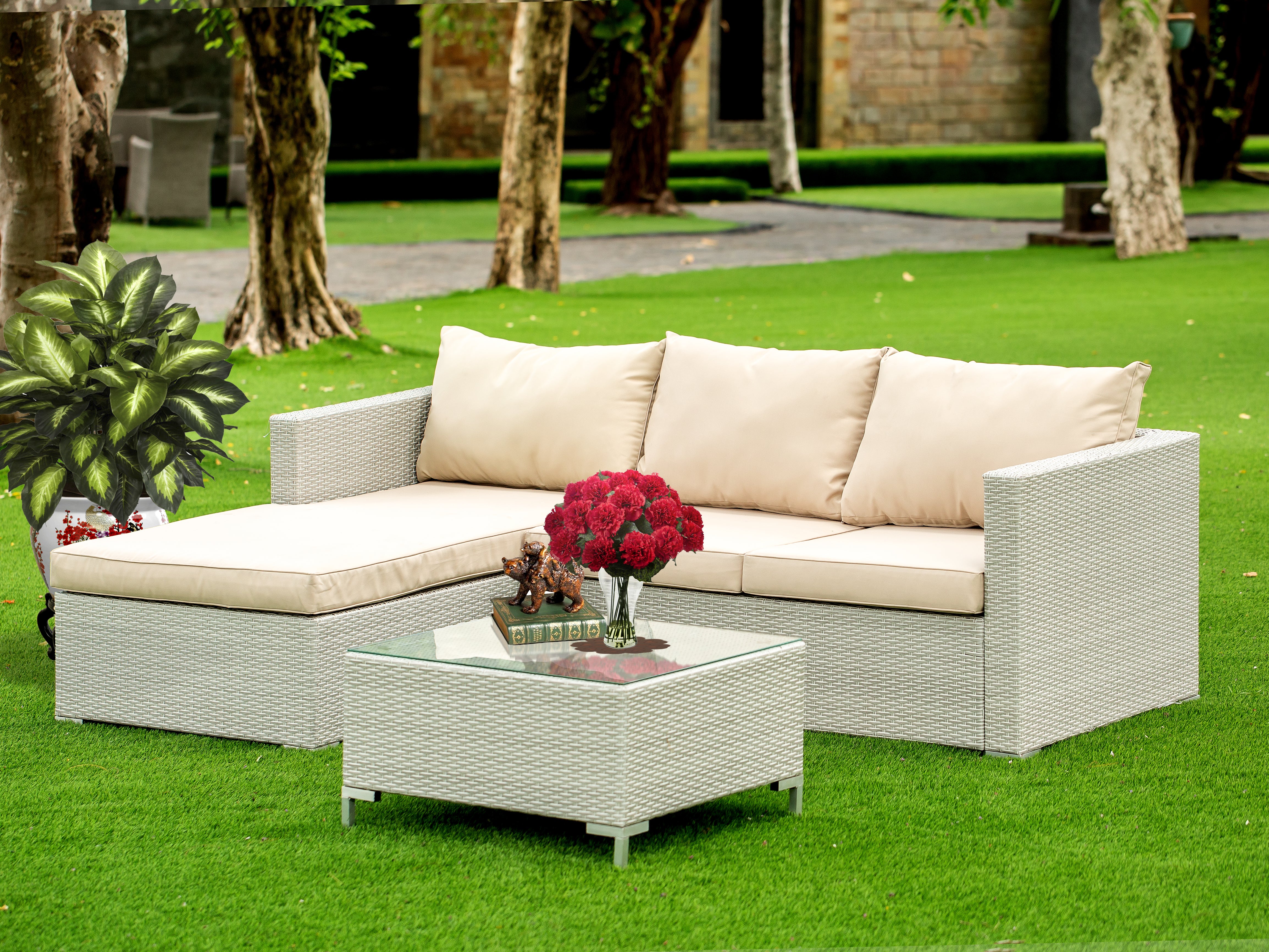 ACL3S03A 3Pc Natural Color Wicker Outdoor-Furniture Sectional Sofa Set Includes a Patio Table and Linen Fabric Cushion, Medium