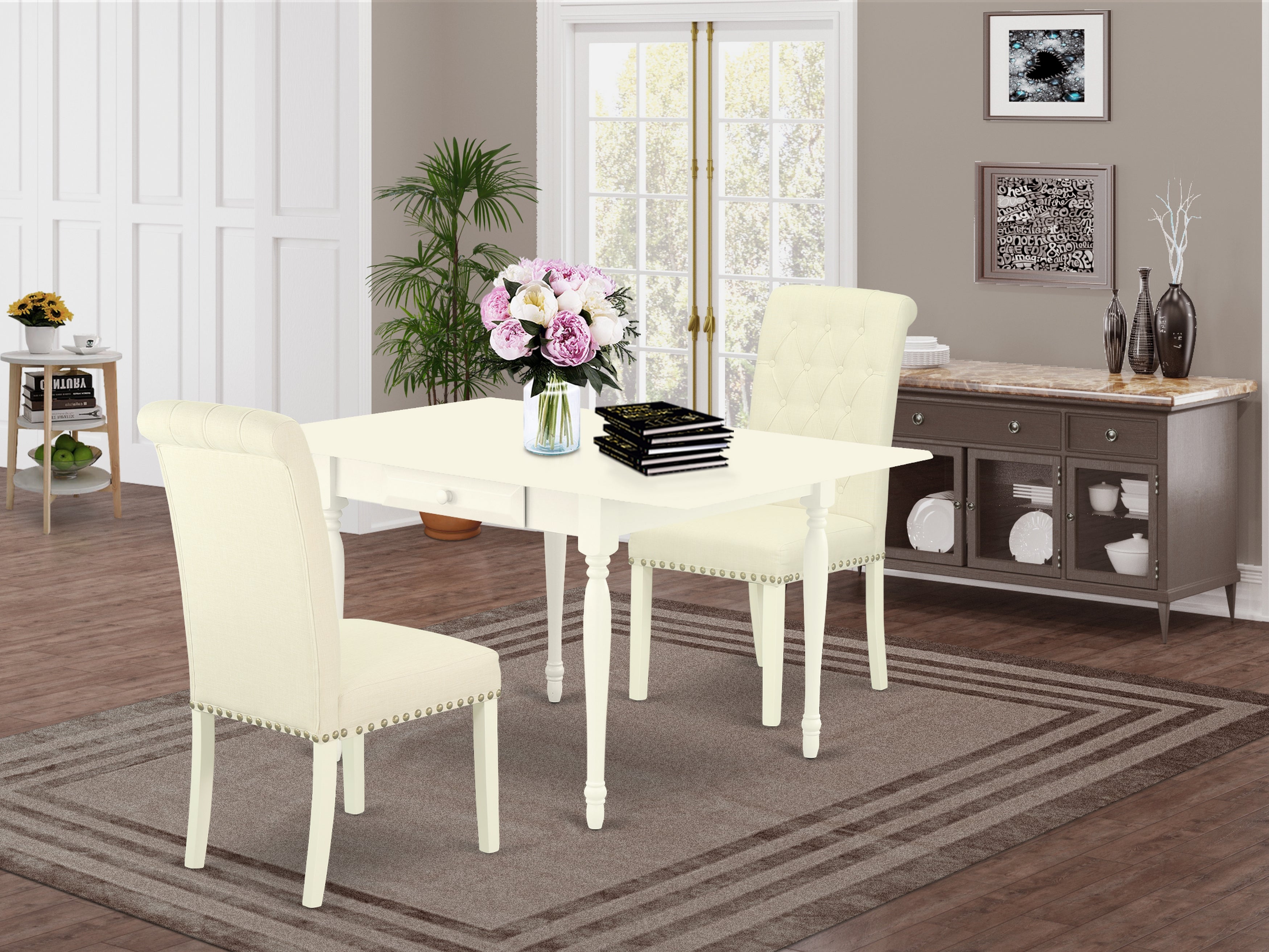 East West Furniture MZBR3-LWH-02 3Pc Dining Table Set Contains a Kitchen Table and 2 Parsons Chairs with Light Beige Color Linen Fabric, Drop Leaf Table with Full Back Chairs, Linen White Finish